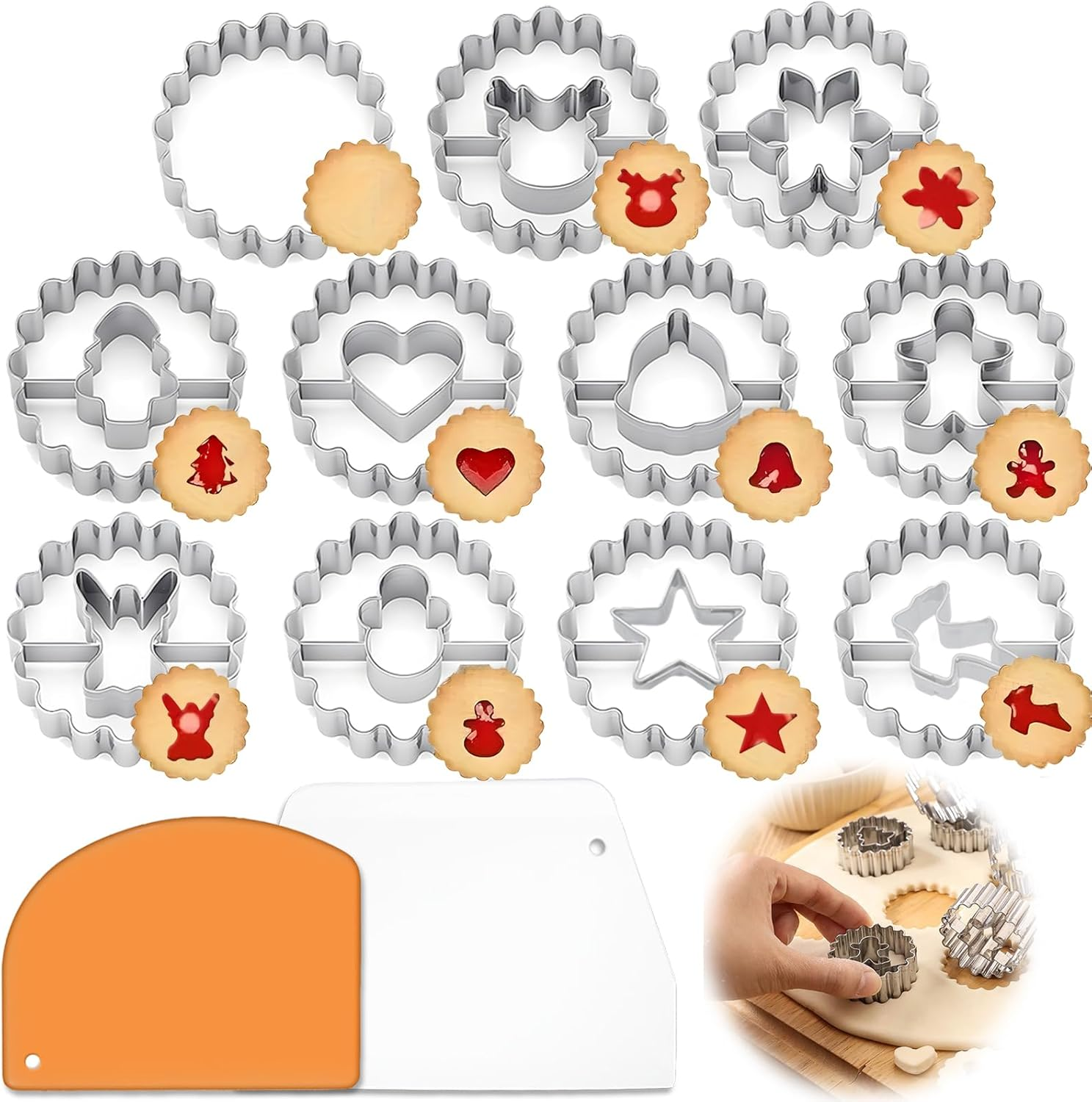 11 Pcs Christmas Cookie Cutters Set with 2 Cake Scraper, VEINARDYL Mini Christmas Holiday Stainless Steel Cookie Cutters for Baking, Christmas Tree, Snowman, Elk, Gingerbread Man, Snowflake, Angel