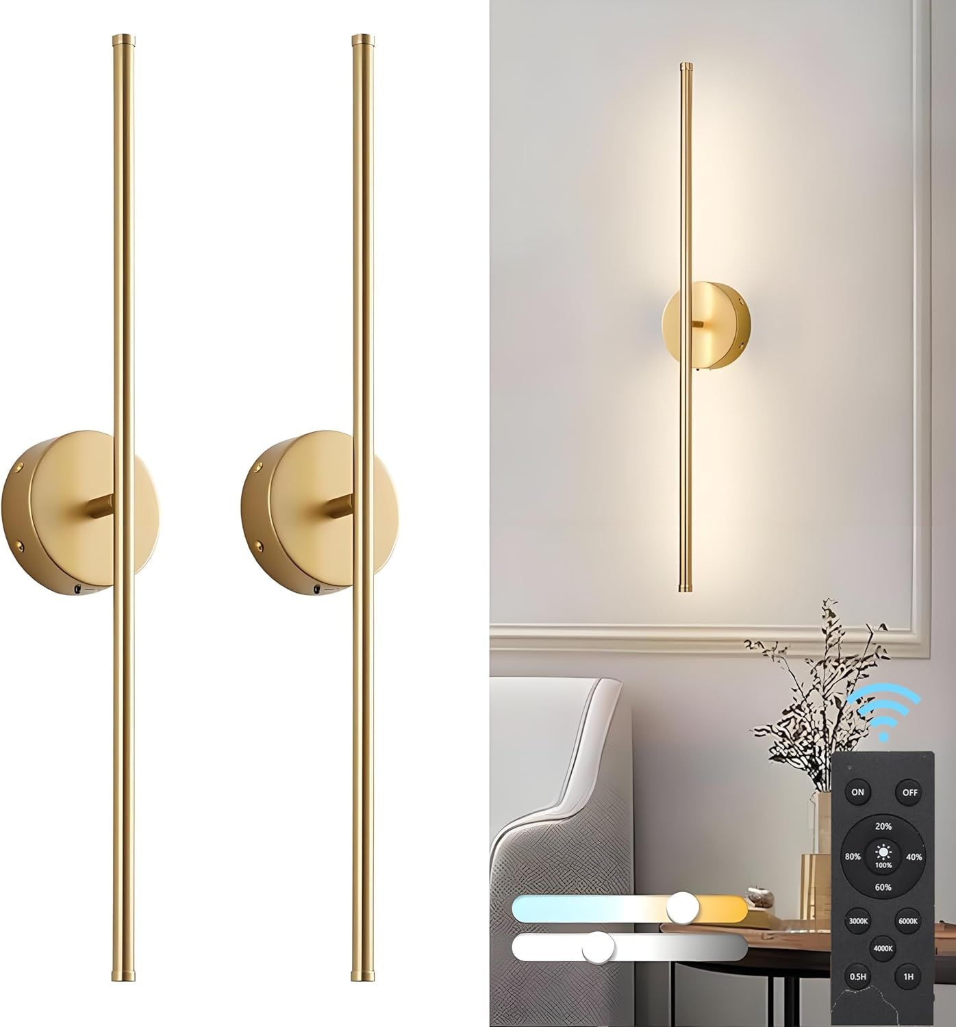 Battery Operated Wall Sconces with Remote Control,Wall Sconces Set of 2,3000K-6000K LED Wireless Wall Light for Bedroom, Hallway, Wall, 360&deg;Rotate,28.3 Inch, 2 Pack Gold round Base image number 5