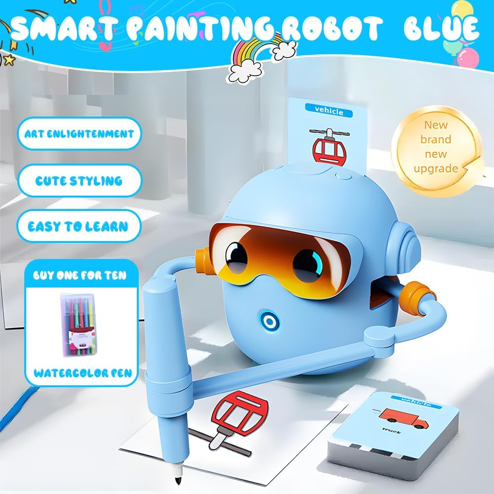 Drawing Robot for Kids,Interactive Educational Drawing Robot for Kids&ndash; Montessori Painting Learning Toys with 100 Word & 22 Pens, Interactive Voice Emo Robots for Boys & Girls Ages 3&ndash;9 (Blue) image number 4