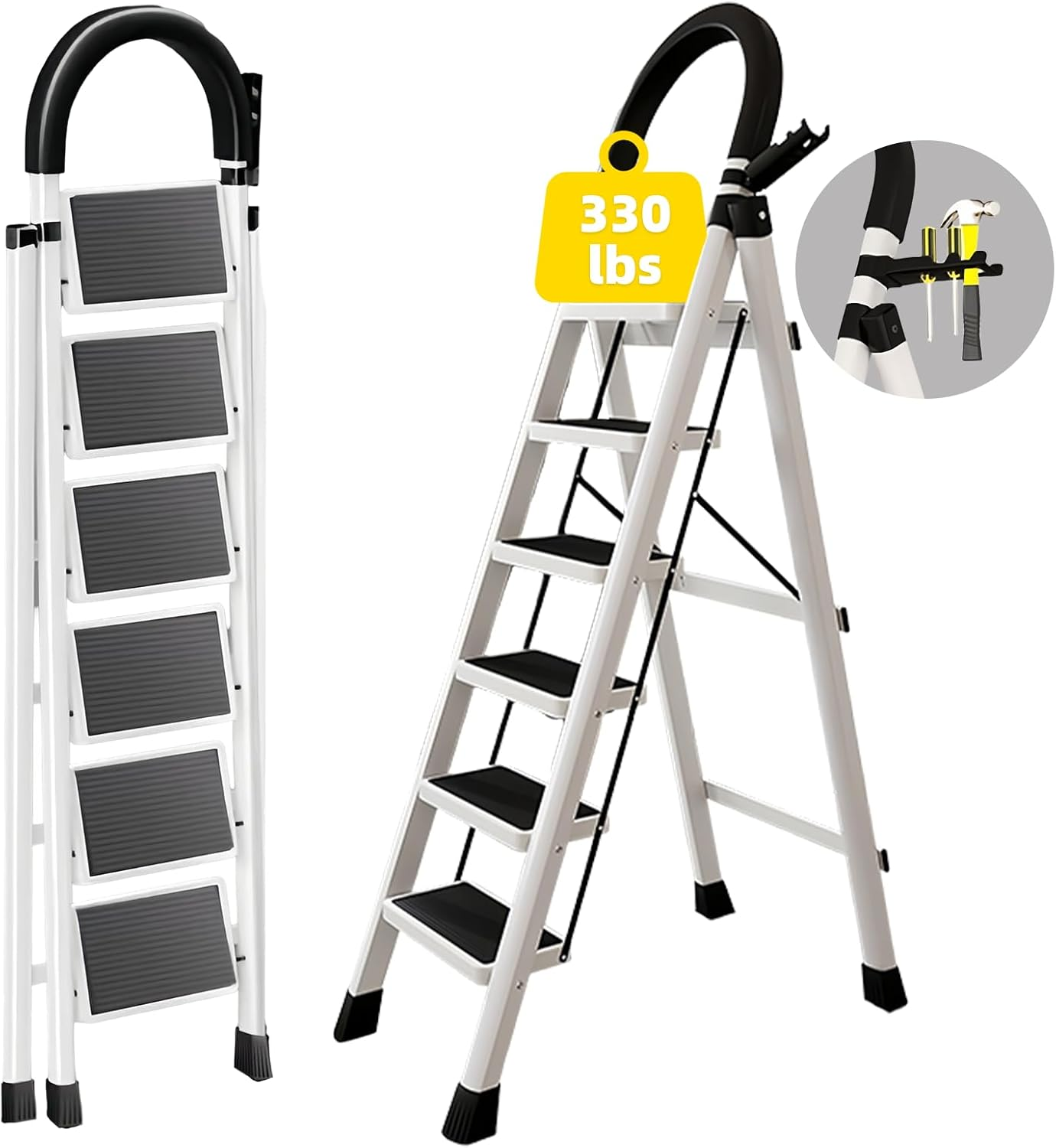 Stusgo 6 Step Ladders, Aluminium Folding Step Ladder,Sepladder Multi Height Platform for Home Office Warehouse, 150Kg Capacity Portable Non-Slip Upgrade the Security Buckle (White and Black) image number 3