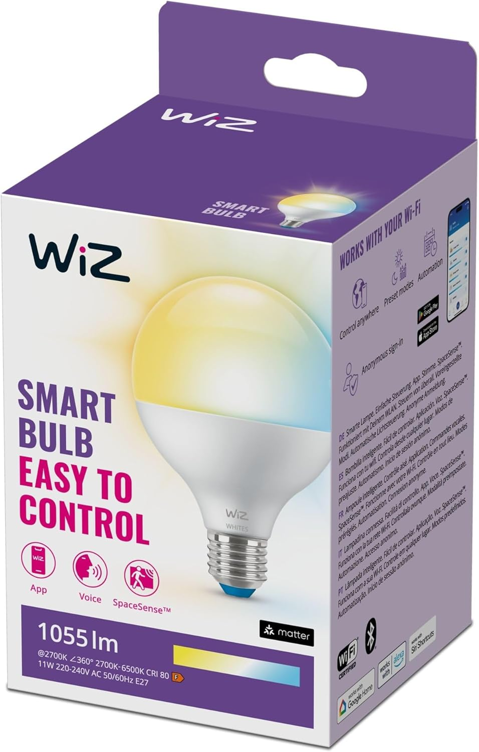 Wiz Smart Bulb, E27, 75W, Shades of White, Smart LED Connected Wifi Works with Alexa, Google Assistant & Homekit, App Control for Home Indoor Lighting, Livingroom, Bedroom, Energy Monitoring, 1 Pack