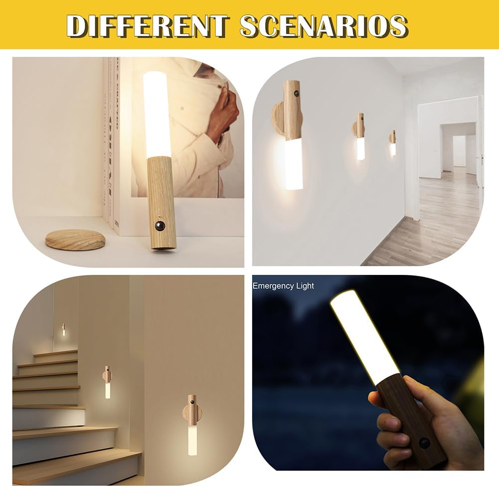 WCIC Motion Sensor Night Lights Magnet Body Sensor Hallway Night Lights Rechargeable Led Light Portable Stairway Night Lights Wooden Wall Sconce Battery Powered Cabinet Lights (White Ash 2PCS) image number 1