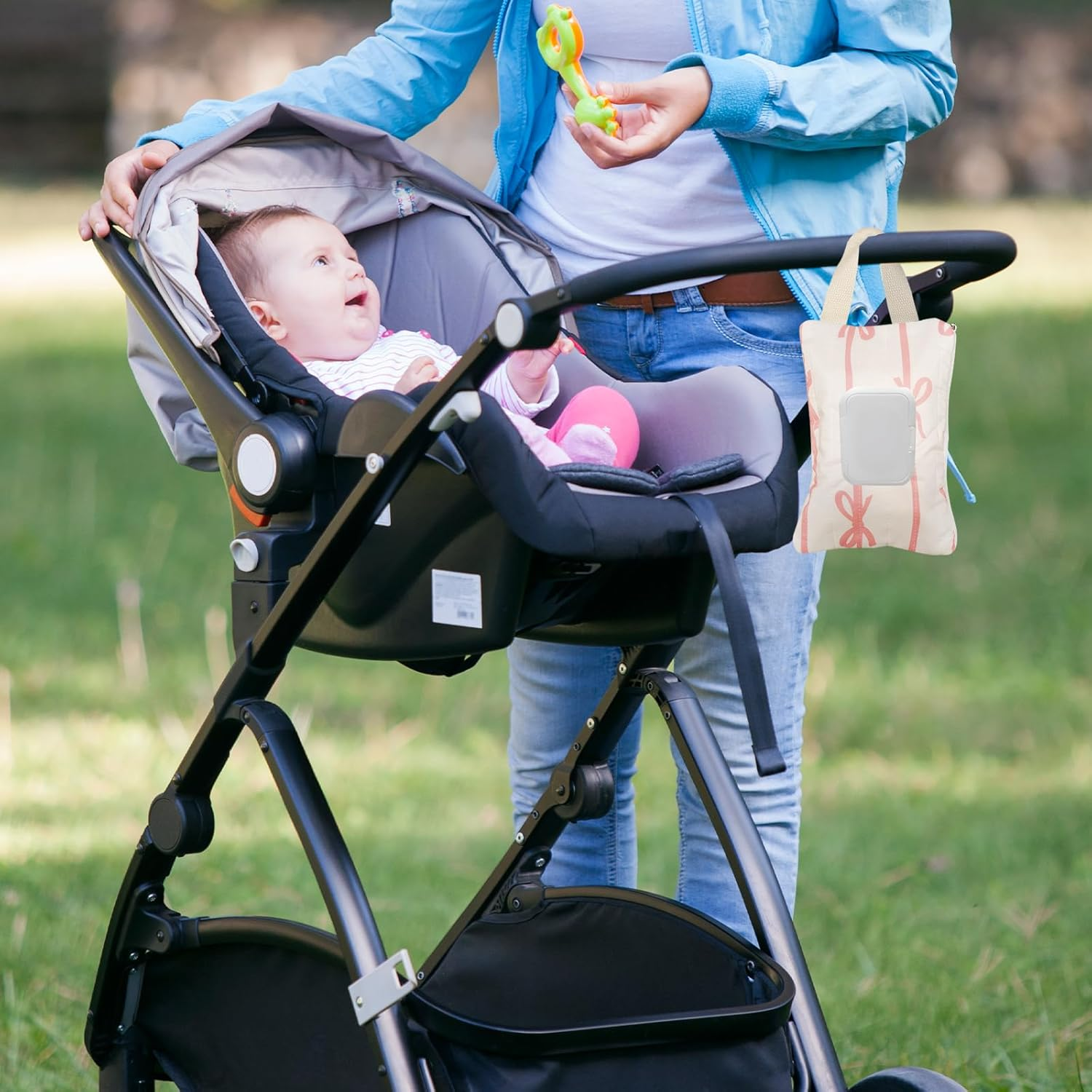 AGLOO Bow Baby Wipes Dispenser - Portable Wet Tissue Storage Bag for Travel, Refillable Diaper Wipe Holder for Car and Stroller &ndash; Reusable Hanging Wet Wipe Pouch (Pink-White) image number 1