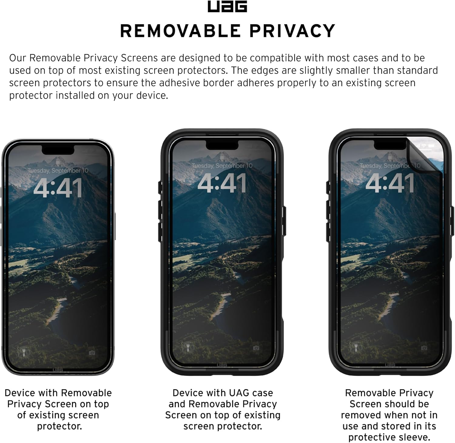 URBAN ARMOR GEAR Privacy Eco Compatible with Apple Iphone 16 / Iphone 15 Removable Screen Protector (Recycled RPET, 2-Way Privacy Protection, Includes Storage Case) - Privacy image number 2