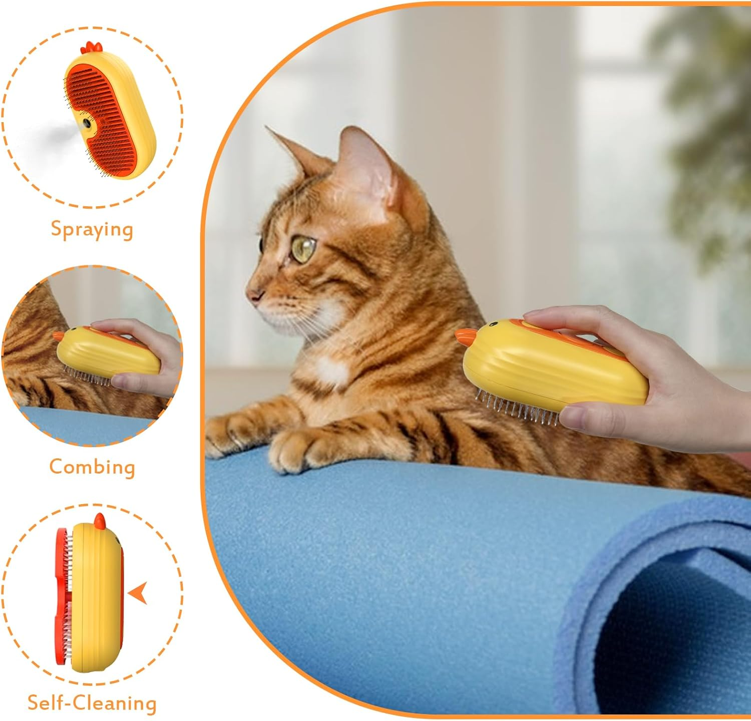 Cat Brush with Steam, 4-In-1 Steam Brush Cat, Steamer Brush Cat for Long Hair and Short Hair, Cat Brush with Water Tank, Clean Pet Hair from the Brush with One Button (Yellow) image number 5