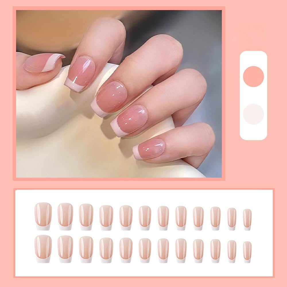 QISANKEE Short French Tip Nails - Press on Coffin Fake Nails, False Nails with Designs - Pink French Tip Artificial Stick on Nails - 24 Pcs/Set image number 1