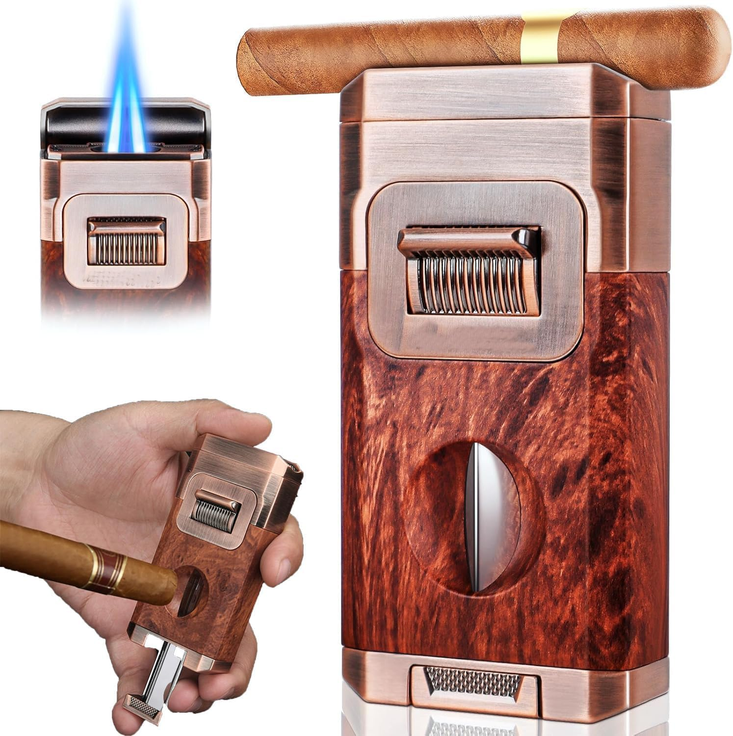 Torch Lighter with Windproof Jet Flame, Built-In V Cutter & Needle, Refillable Butane Gas Metal Lighter, Multifunctional All-In-One Pocket Lighters for Candles Men Gifts (Without Gas) (Black)