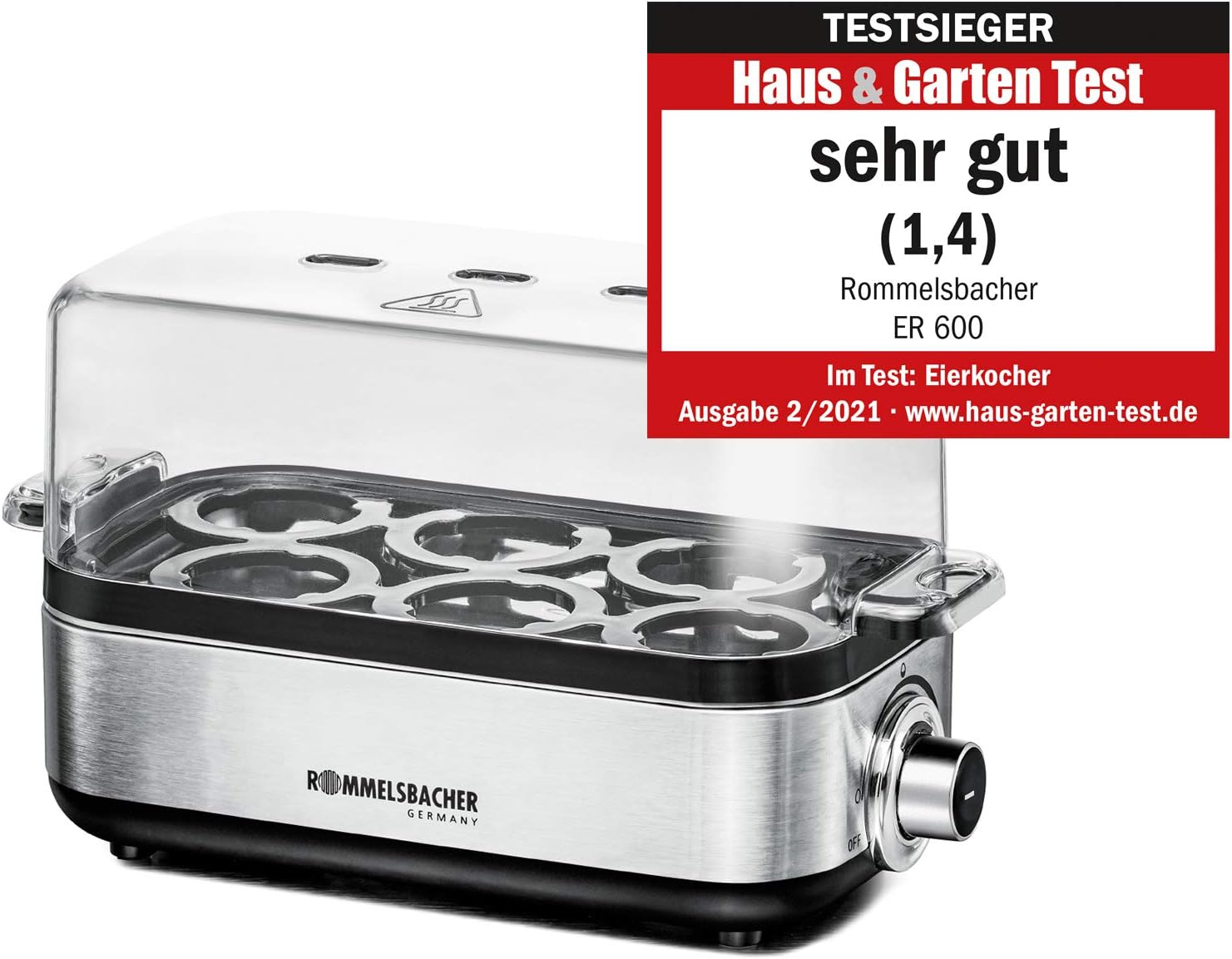 ROMMELSBACHER ER 600 Egg Cooker - for 1-6 Eggs, Adjustable Hardness, Electronic Cooking Time Monitoring, Stainless Steel Heating Bowl, Measuring Cup with Egg Pick, Poaching Insert, Cable Storage, 400 image number 4