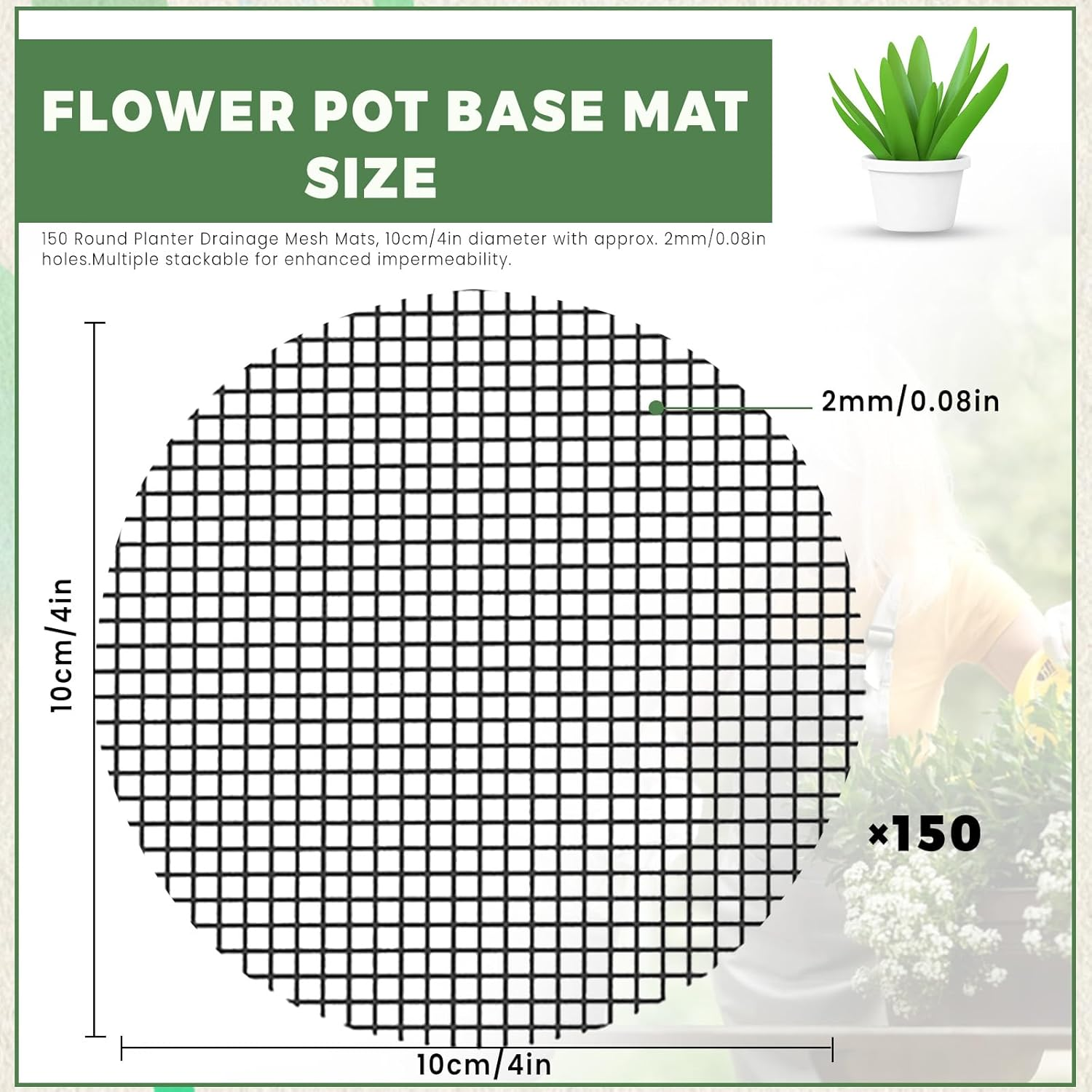 Flower Pot Hole Mesh Pad, Bonsai Pot Bottom Grid Mat, Plant Succulent Planter Liner Drainage Hole Net Screen Gasket, Prevent Soil Loss (150Pcs round 4In) image number 5