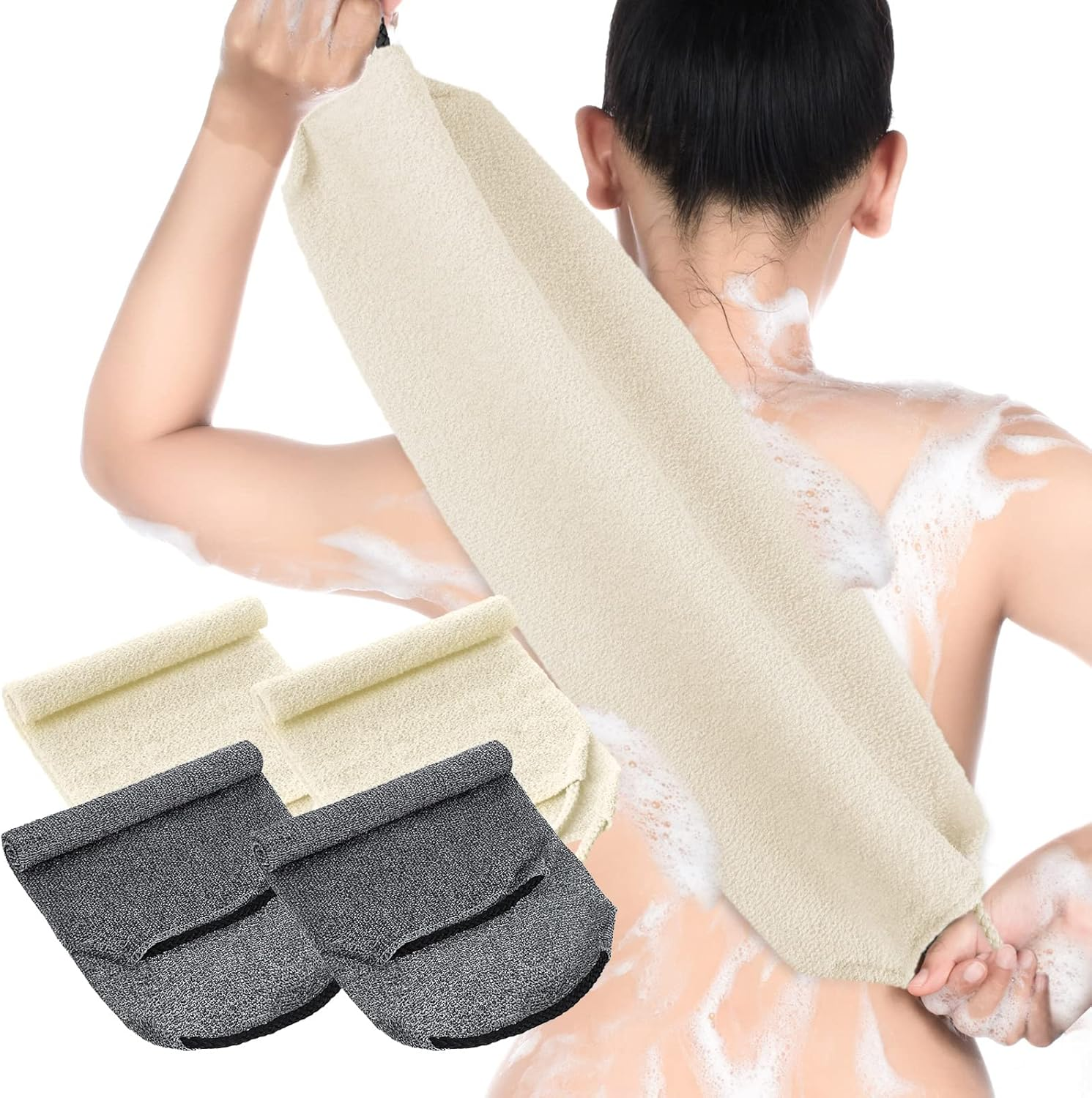 Moukeren Exfoliating Back Scrubber with Handles 4 Pack Nylon Back Exfoliator Extended Length Washers Scrubbers Stretchable Pull Strap Exfoliating Washcloth(Grey, Cream White) image number 1