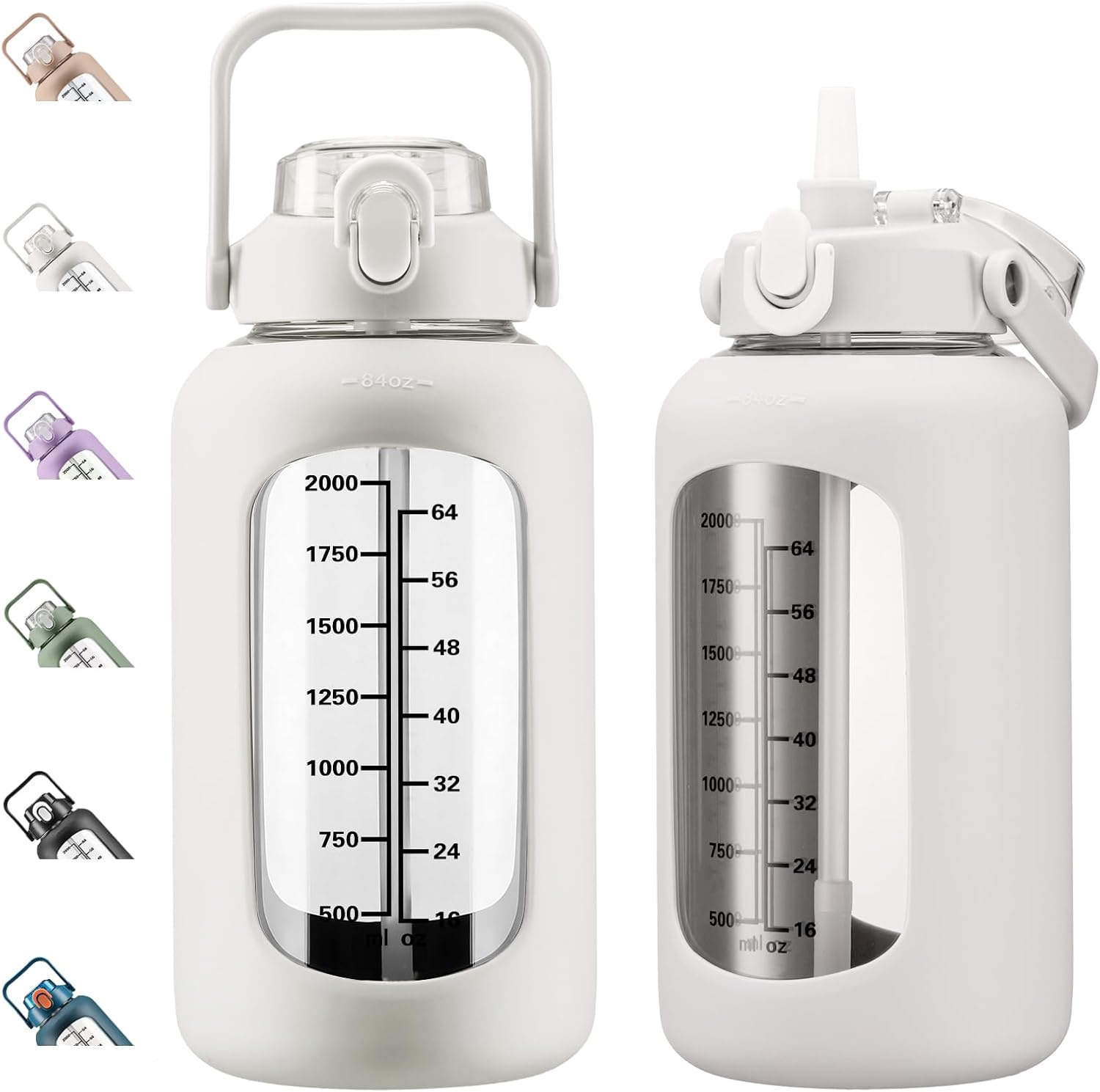 Kytffu 64Oz Glass Water Bottles with Straw, Half Gallon Motivational Glass Bottle with Silicone Sleeve and Time Marker, 2L Leakproof Large Glass Water Jug for Gym Home Office,Blue - 84 Ounces, Black image number 5