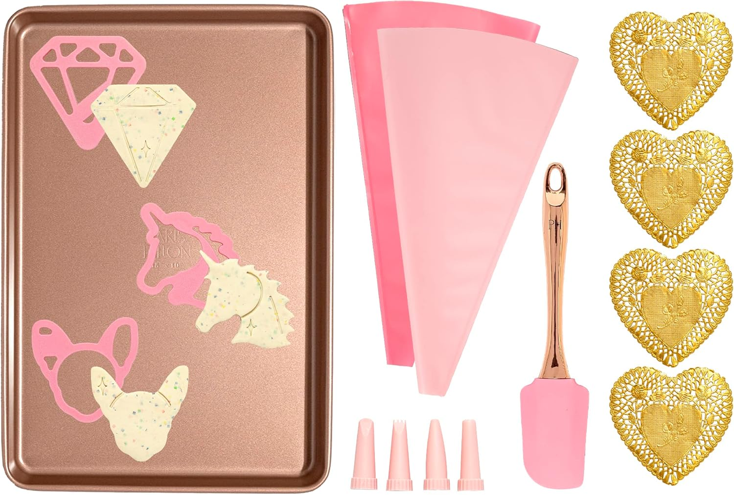 Paris Hilton Cookie Decorating Set with Nonstick Cookie Baking Sheet, Iconic Cookie Cutter Shapes, Reusable Piping Bags and Decorating Tips, Silicone Spatula, Pink image number 6