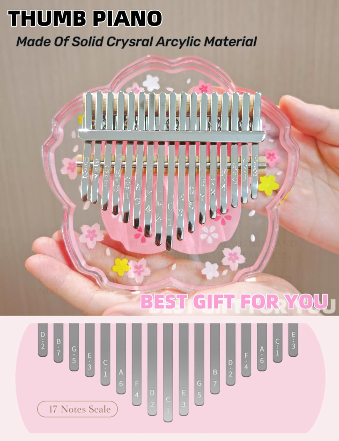 Kalimba Thumb Piano Portable 17 Keys Finger Piano Acrylic with Tune Hammer and Study Instruction,Musical Instruments Birthday Kid Adult Beginners Professional(Cherry Pink) image number 2