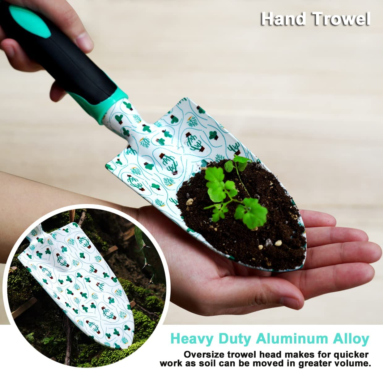 ESOW Garden Tool Set with Non-Slip Rubber Handle, 3 Piece Cast-Aluminum Heavy Duty Gardening Kit Includes Hand Trowel, Transplant Trowel and Cultivator Hand Rake, Cactus Pattern Printed image number 5