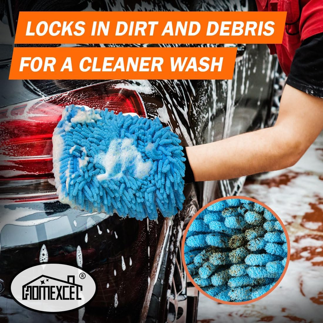 HOMEXCEL Car Wash Mitt, 2PK Chenille Microfiber Wash Mitt, Scratch-Free & Lint-Free, Rich Foam, Highly Absorbent, Double Sided, Perfect for Car Washing and Detailing, 10.2" X 6.7 ", Blue image number 5