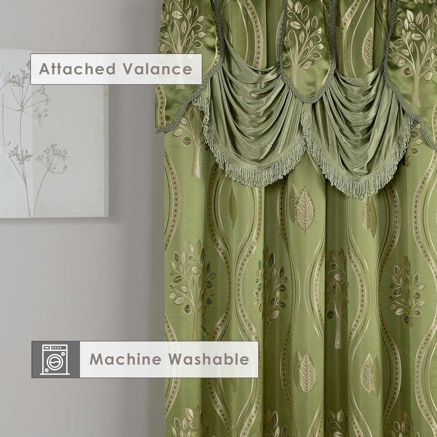 Elegant Comfort Aurora Jacquard Look Curtain Panel Set with Attached Valance 54" X 84 Inch (Set of 2), Sage image number 1