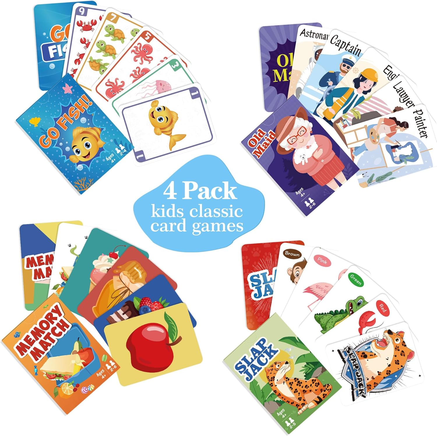 Timenued Card Games Go Fish,Old Maid,Slap Jack and Memory Match- 4 Decks in 1 Pack,Classic Card Games for Kids Ages 4 and Up, Family Party Card Games for Kids and Adults,Fun Gifts for Boys and Girls