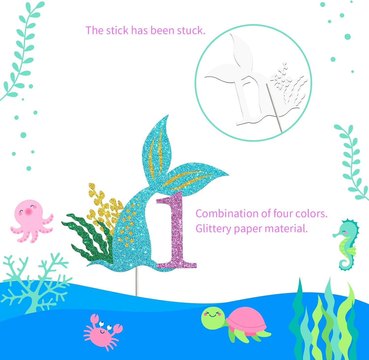 Mermaid One Cake Topper, Happy 1St Birthday Cake Decor, I'M One Sign, Little Mermaid Birthday Party Decoration Supplies, Daughter of the Sea, under the Sea Themed, Ocean Themed - Glitter image number 5