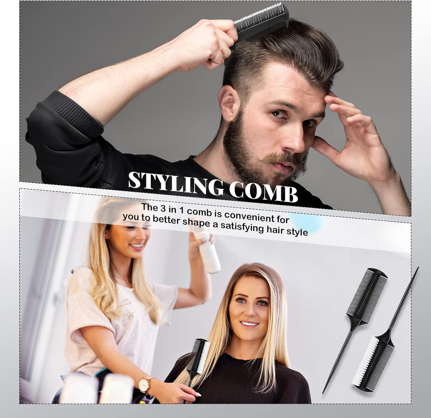 2 Pcs Black Smoothing and Sectioning Brush Set - Double-Sided Comb for Edge Teasing, Parting, and Ballroom Dancing Hairstyling image number 6