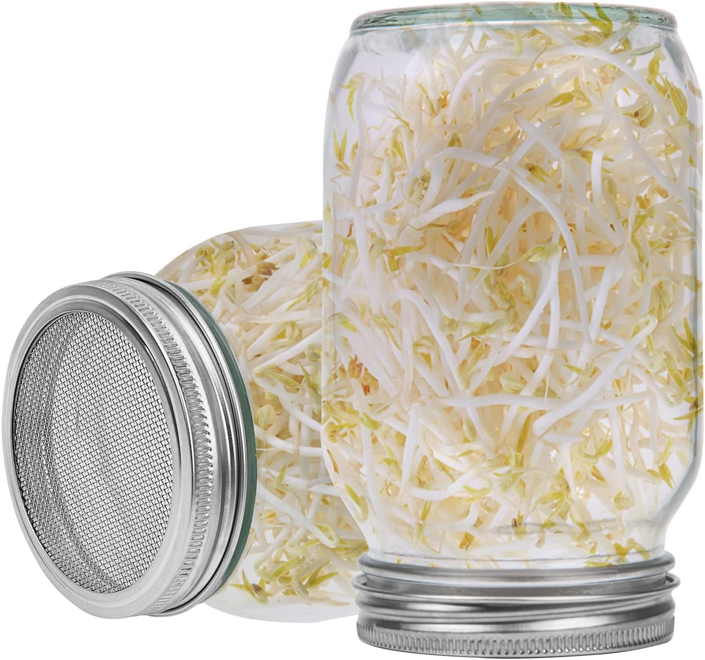 Seed Sprouting Jar Kit, 2Pcs Wide Mouth Quart Mason Jars with 304 Stainless Steel Screen Sprout Lids,86Mm Caliber,1000Ml,With Tray,Stand,Shading Cloth and Canning Brush,For Making Seeds Sprouts image number 4