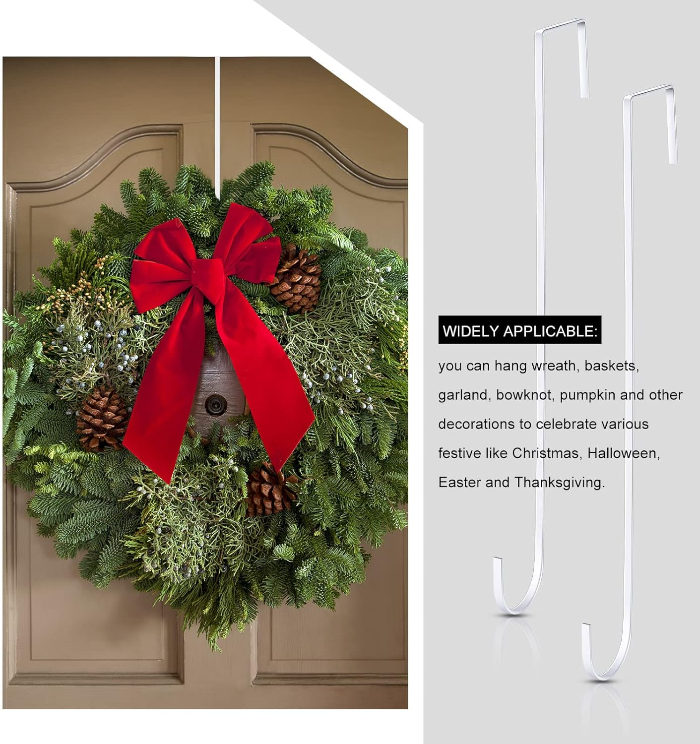 Hotop 15 Inch Wreath Hanger Hooks over Door Metal Practical Clothes Towel Hanger Hooks for Christmas Front Door Decorations(White,2 Pieces) - White image number 3
