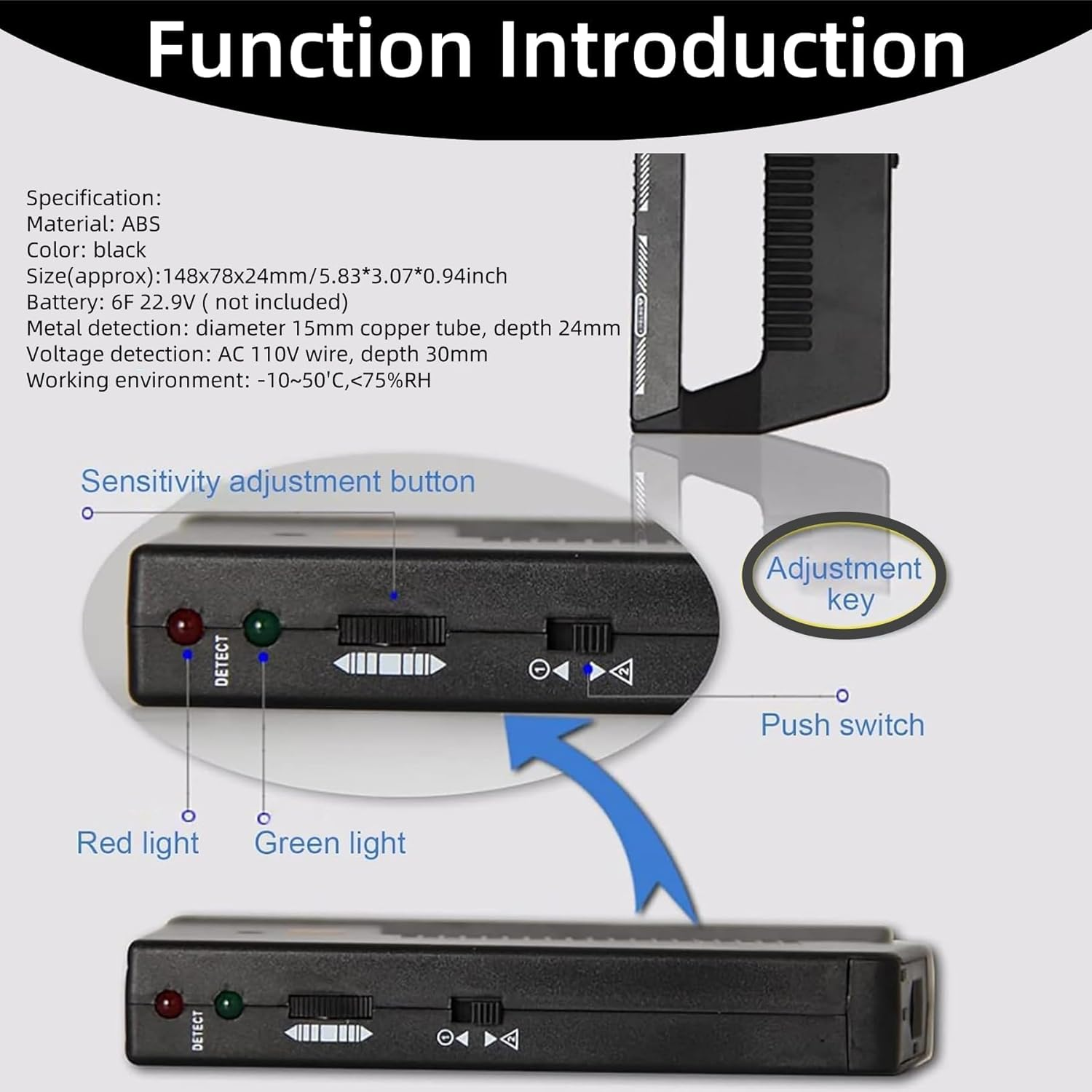 Wall Scanner Metal Detector, Adjustable Alert Pipe Power Wall Stud Finder Metal Detector for Adults, AC Wire Wpp123 Plastic High Sensitivity Black image number 6