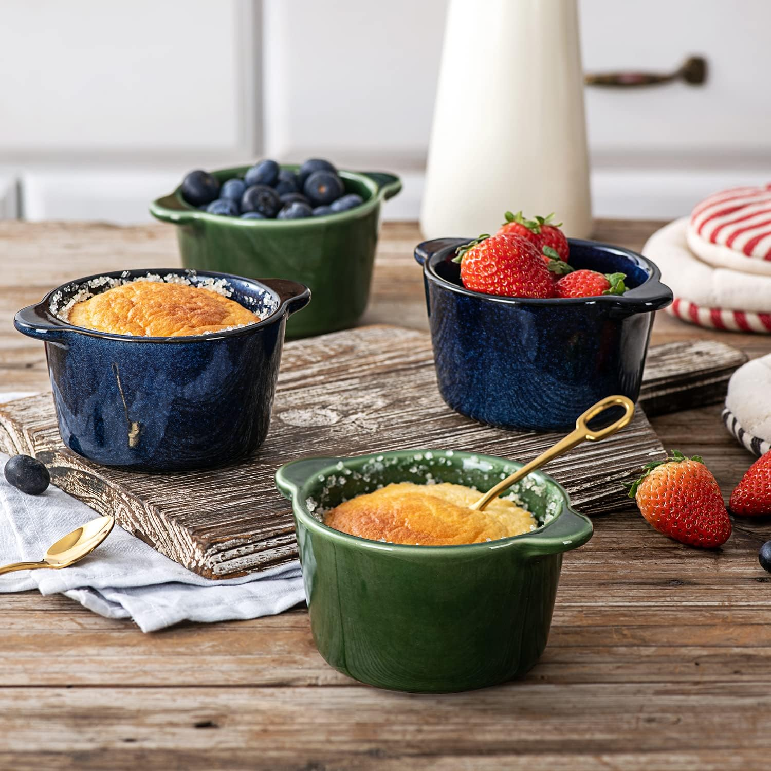 Creme Brulee Ramekins Ceramic Bowls - VICRAYS Mini Custard Cups 8 Oz Oven Safe Bowls Souffle Dishes for Baking Individual Casserole Dipping Sauce Pioneer Woman Bakeware Set of 6, Green image number 6