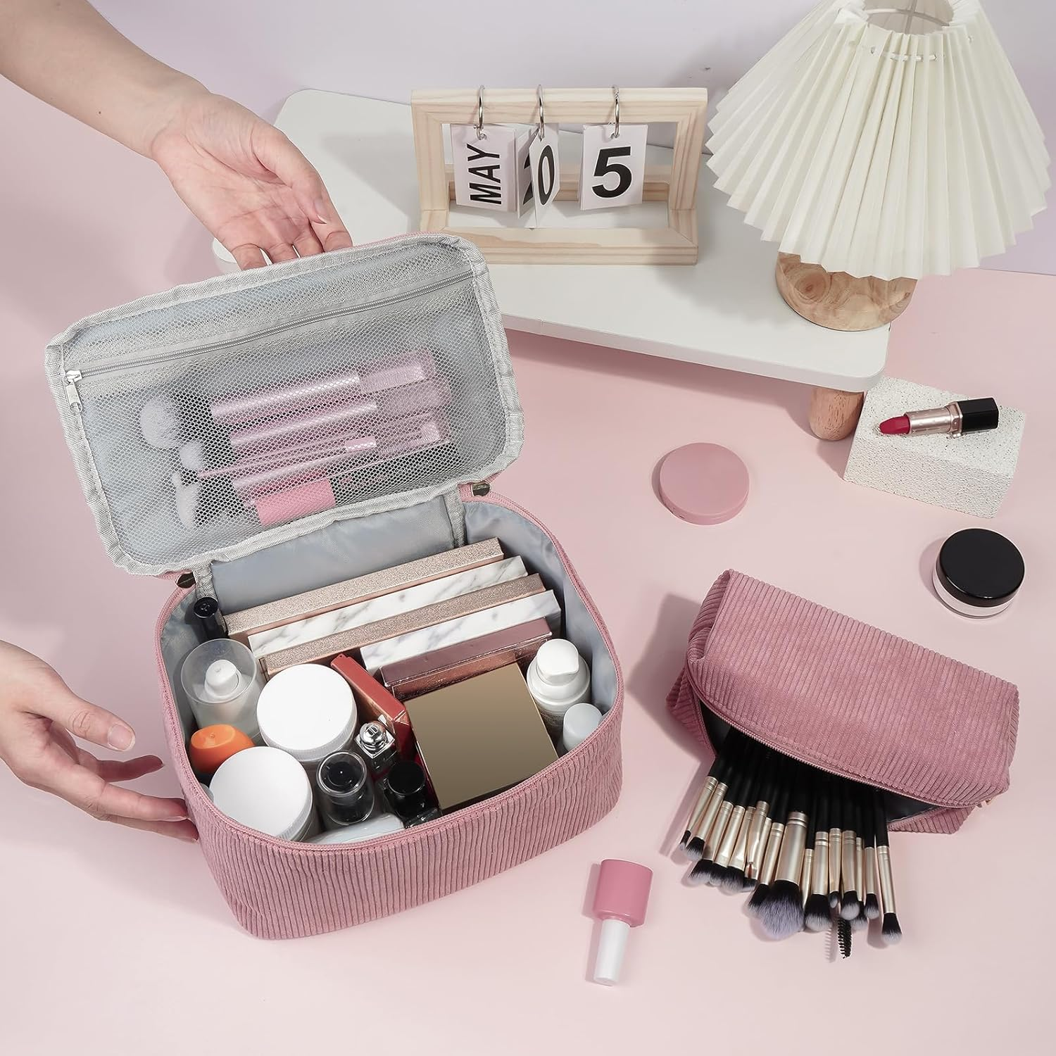 MAGEFY 2Pcs Makeup Bag,Cosmetic Bag Large Capacity with Handle Small Makeup Bag for Purse, Travel Makeup Pouch for Women (Pink) image number 2