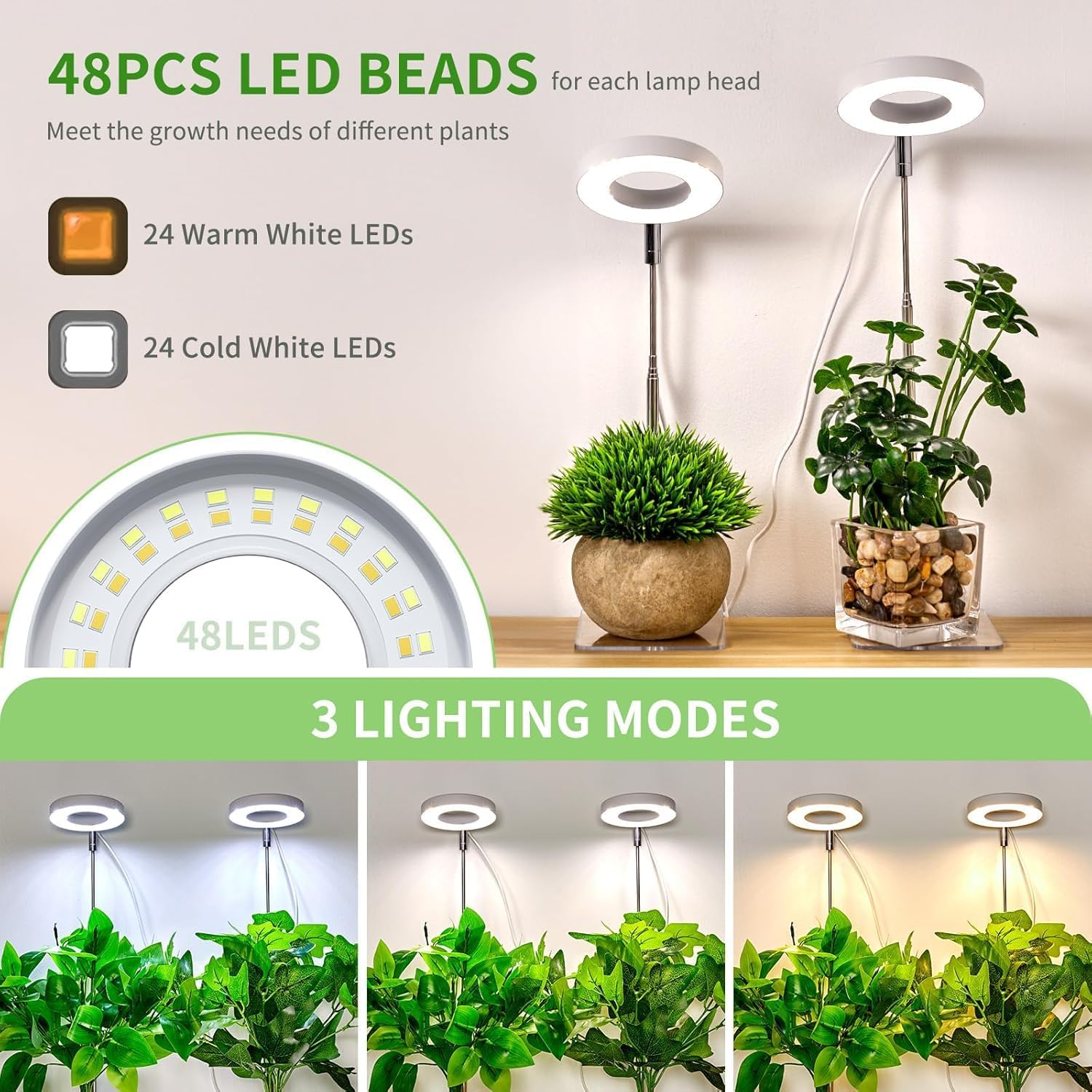 Plant Grow Light, LED Growing Light for Indoor Plants, 2 Head 48 LED Adjustable Height Growing Lamp with Timer, 3 Dimmable Brightness Levels, Low Safe Voltage, Perfect for Small Plants (White) image number 6