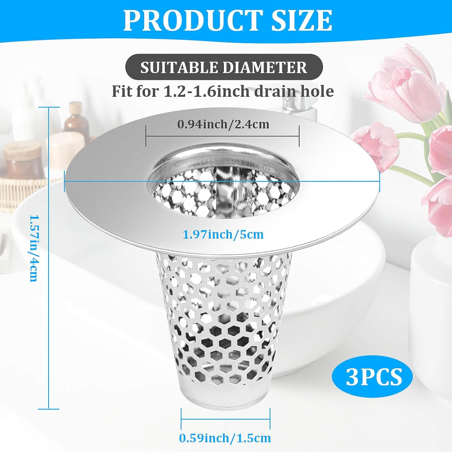 Dayker 3PCS Bathroom Sink Drain Strainers, Stainless Steel Hair Catcher, Cone Shaped Floor Drain Replacement Fit Hole Size 1.2"-1.6", for Laundry Floor Drain, Bathtub, Kitchen Slop Basket Filter Trap image number 6