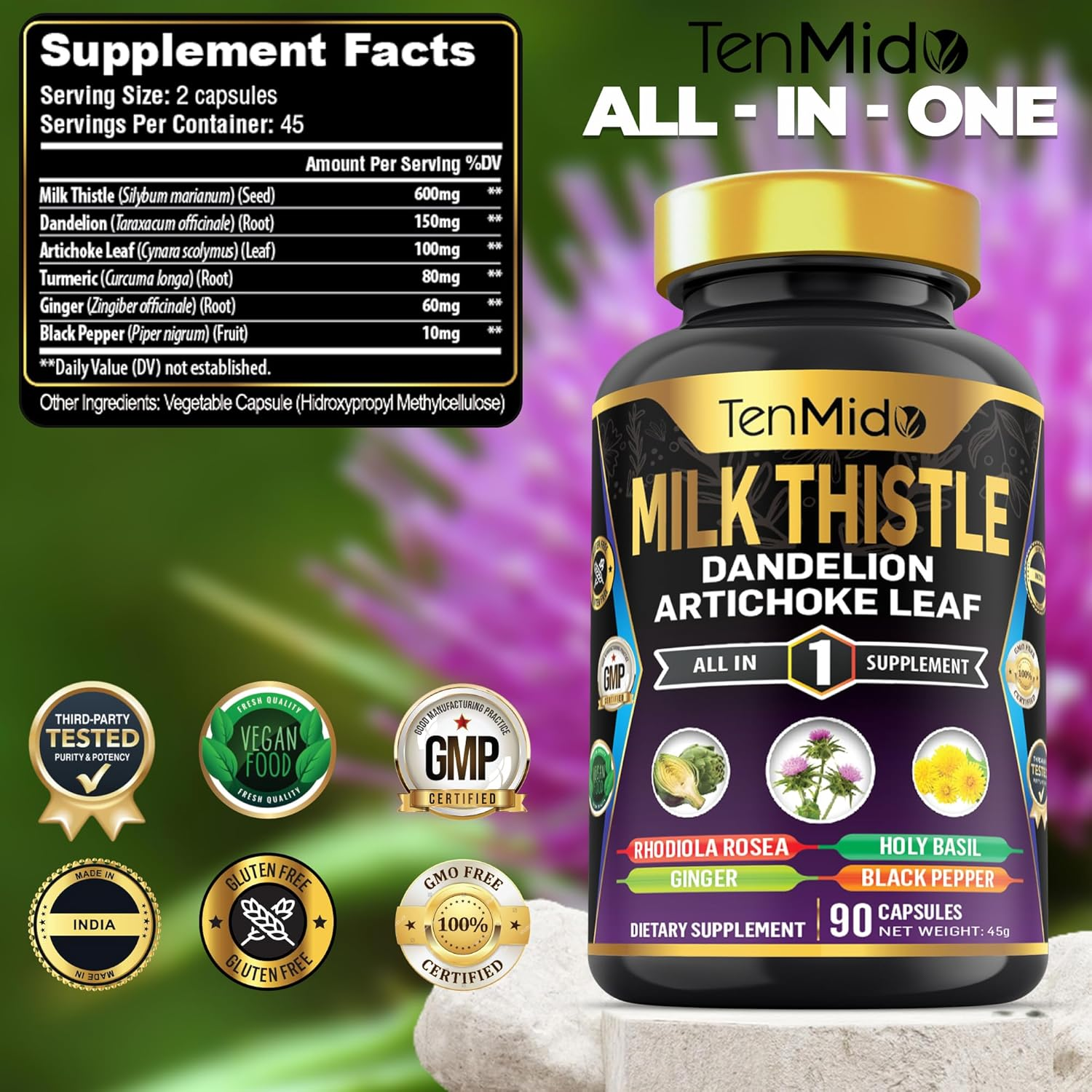 Tenmido Milk Thistle Supplements - 6In1 with Dandelion, Artichoke Leaf, Turmeric, Ginger & Black Pepper - 90 Vegan & Non-Gmo Capsules image number 3
