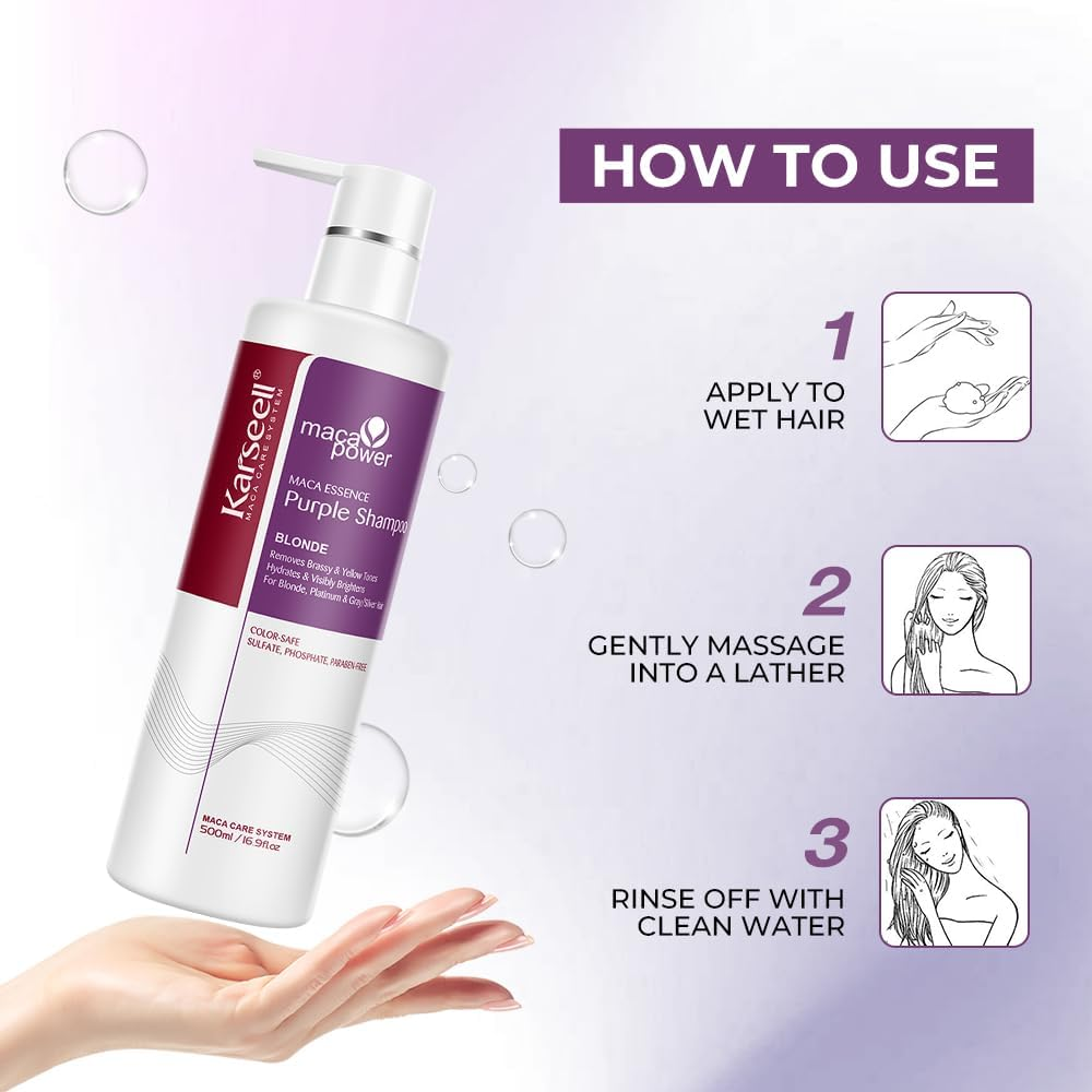 Karseell Purple Shampo Neutralises Brass and Yellow Tones for Blonde Silver Grey Hair, 16.90 Oz 500Ml image number 3