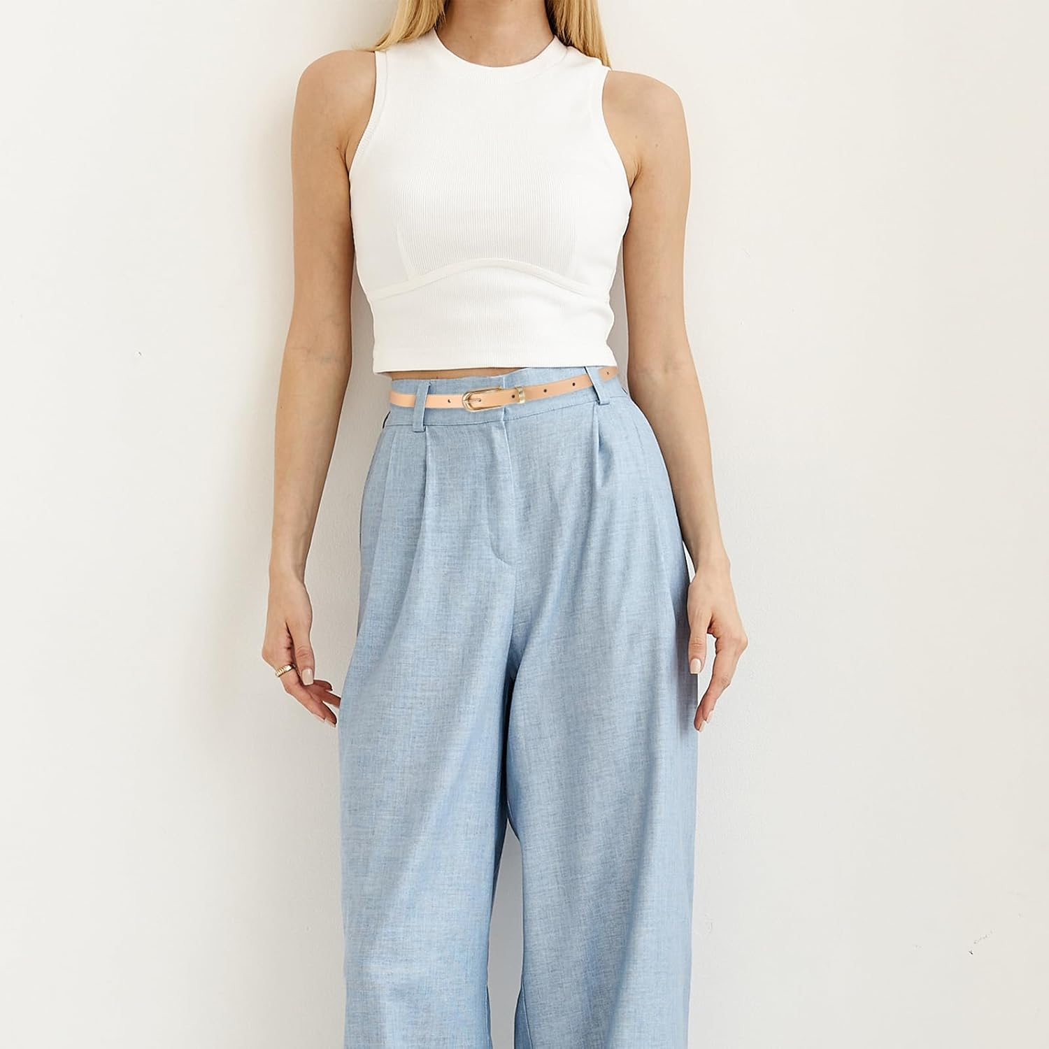 Wanmu 4 Pack Women Skinny Leather Belts for Jeans, Thin Waist Belt with Metal Buckle for Ladies, Dresses, Pants (39 Inches, White, Black, Cream Color, Coffee) image number 6