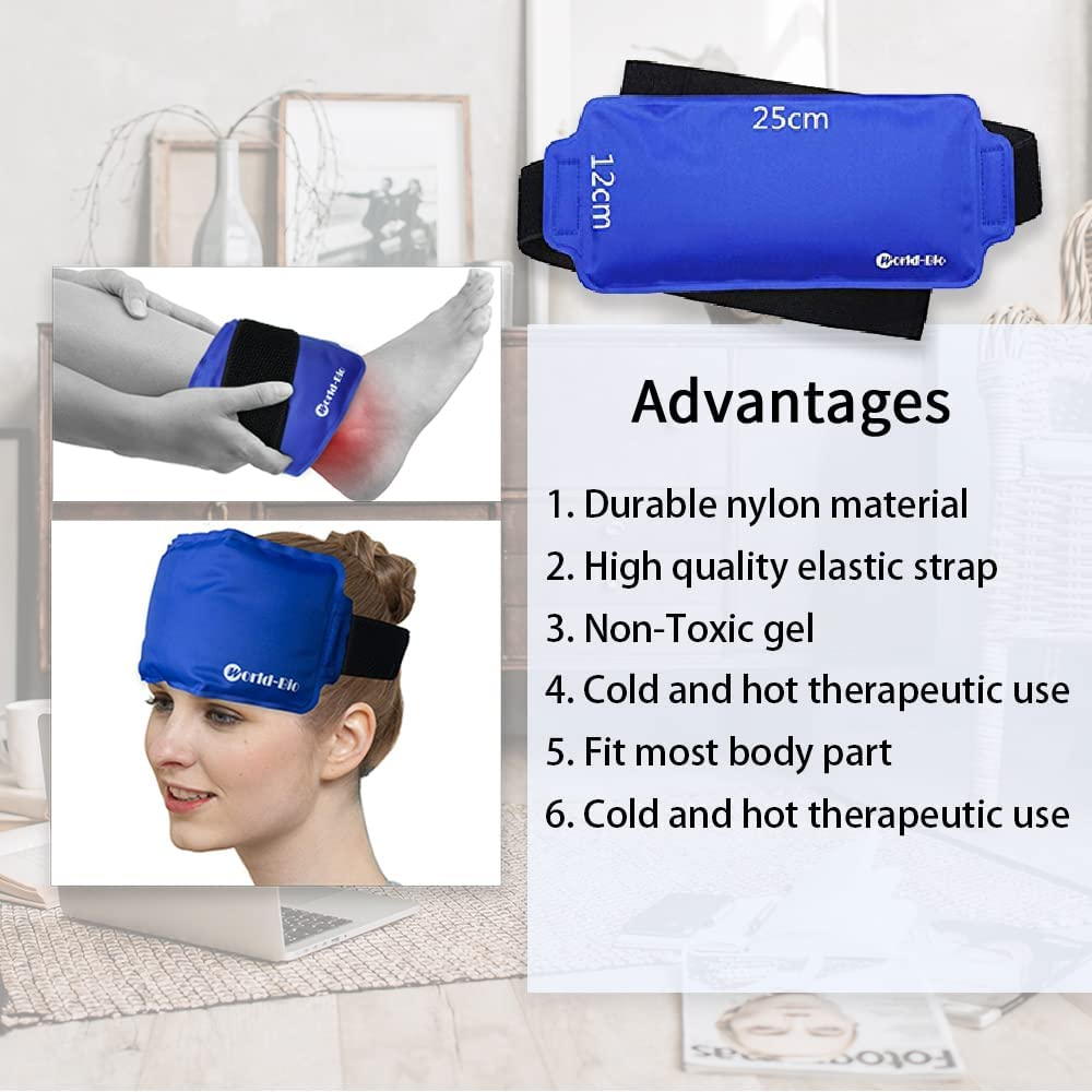 WORLD-BIO Gel Ice Pack for Injuries, Reusable Ice Pack with Strap for Achilles Tendon Wrist Ankle Knee Arm Neck, Cooling Hot Cold Pack Therapy for Swelling, Plantar Fasciitis & Bruising image number 2