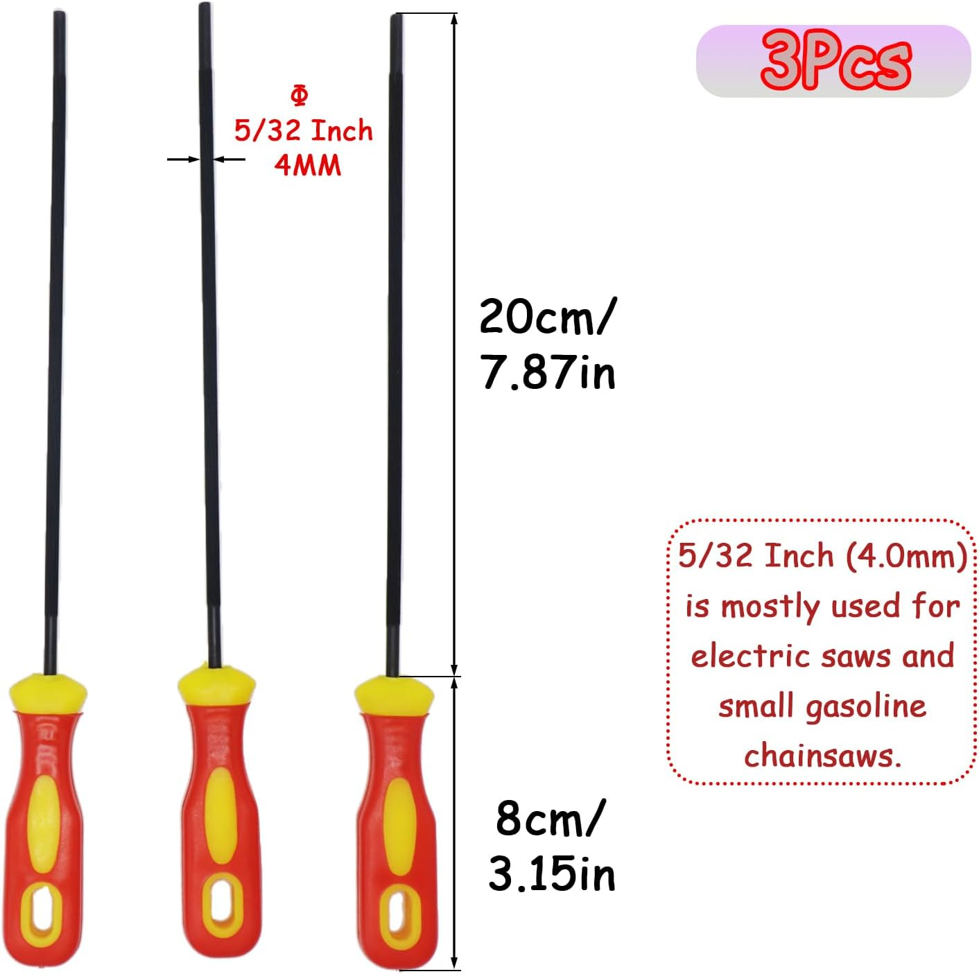 3 Pack 5/32 Inch (4.0Mm) Chainsaw Chain Sharpening Files, round Chainsaw Sharpener File Set with Plastic Handles, Carbon Steel for Sharpening Chainsaws