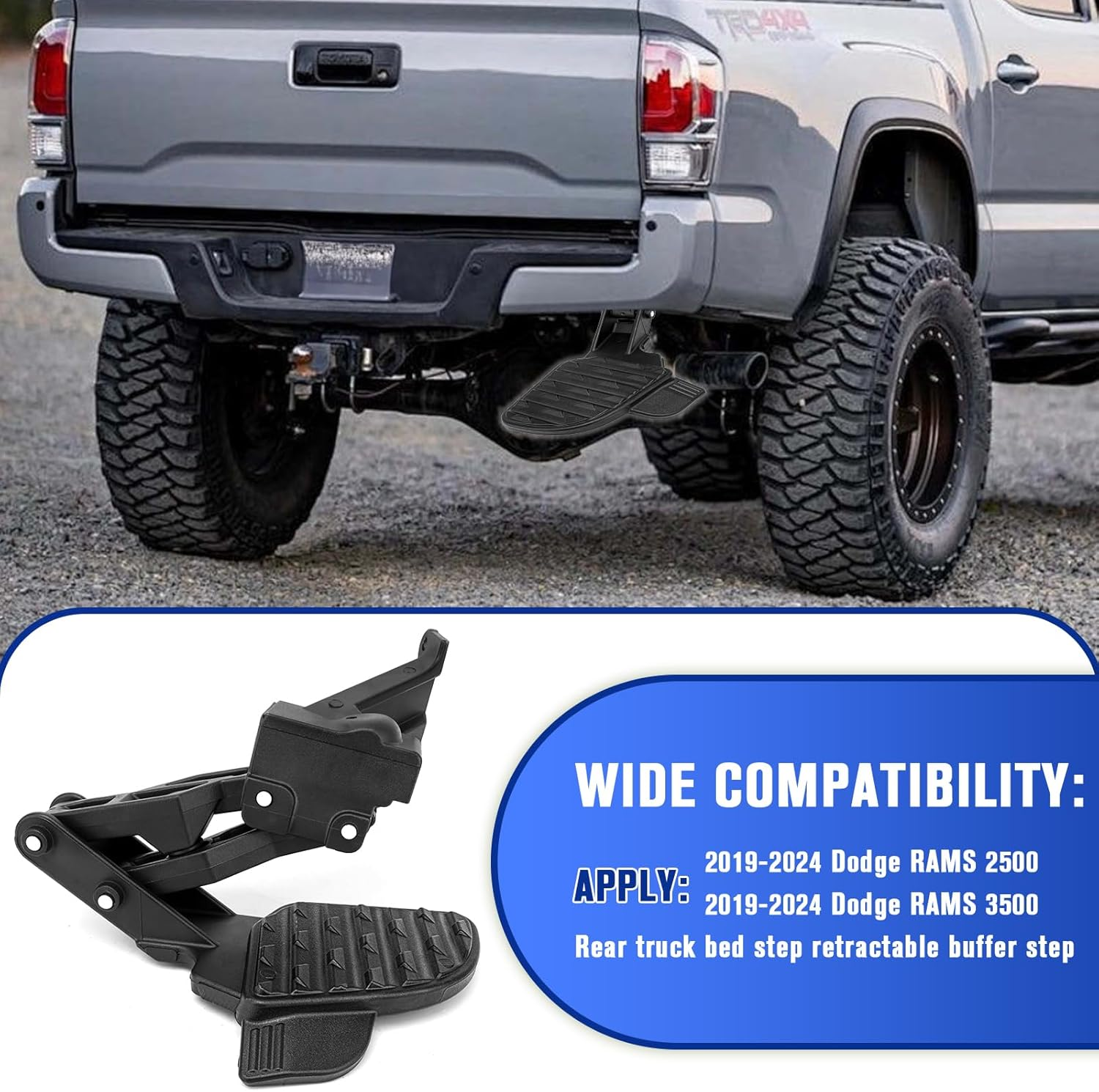Rear Bed Step, Retractable Bed Step Compatible with Dodge Ram 2500 3500 2019-2024, Retractable Bumper Tailgate Step Replaces# 82215842AH 82215842AD 82215842AE 82215842AC