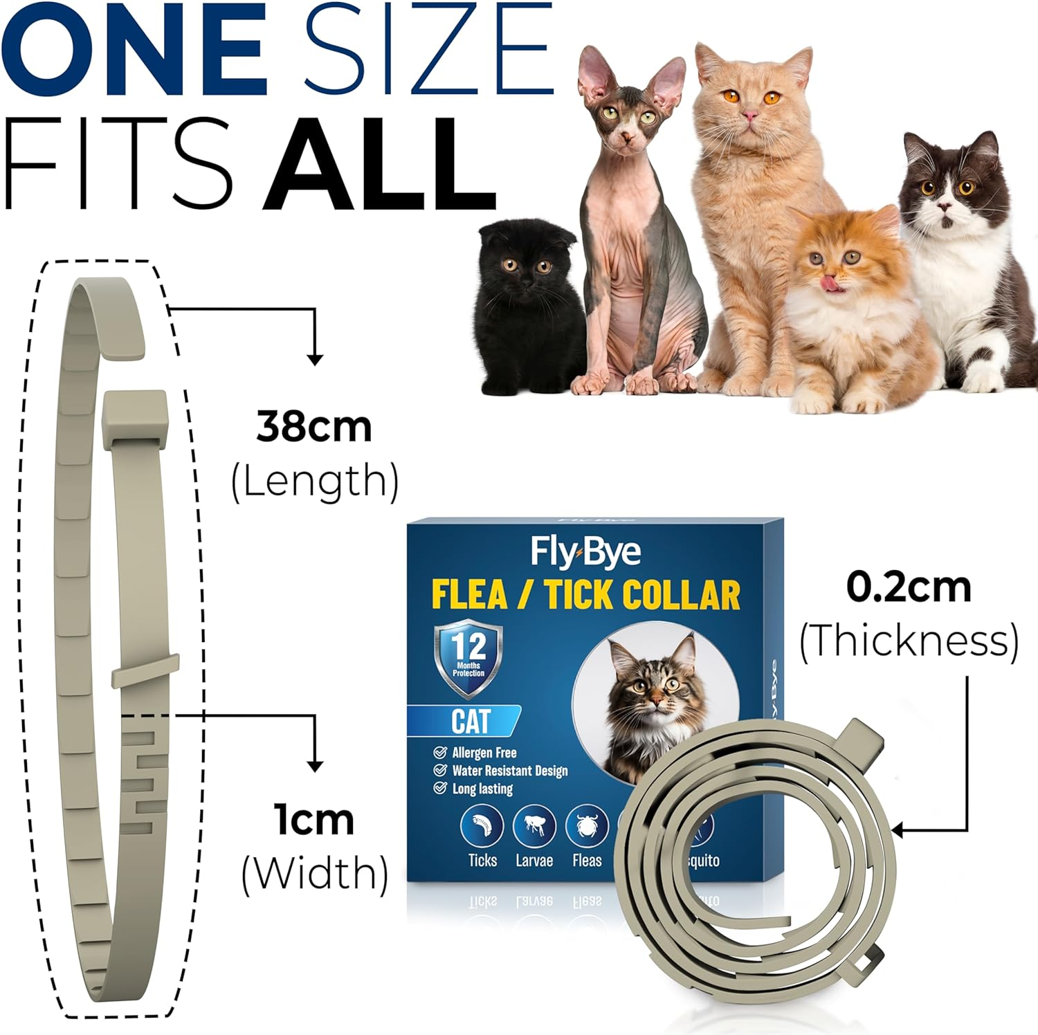 Fly-Bye Flea Collar for Cats - Flea and Tick Treatment - Cat Flea Collars - Tick Collars for Cats - anti Flea Cat Collar - 12 Months Protection - Adjustable, One Size Fits All - Grey
