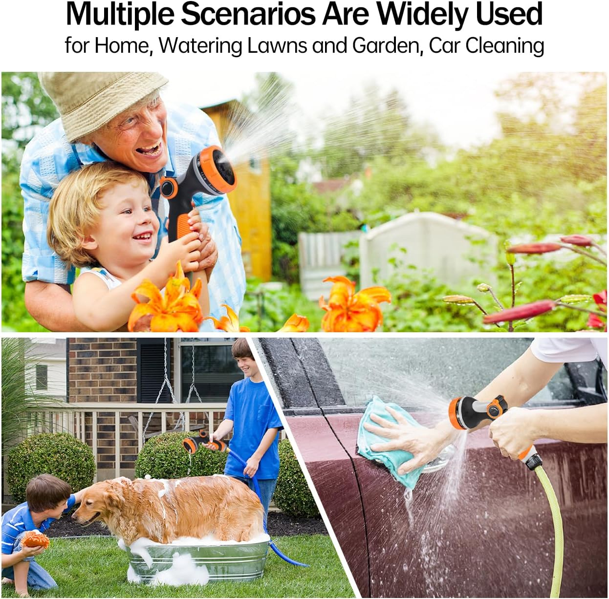 Garden Hose Nozzle, 10 Adjustable Patterns, Zinc Alloy & ABS Plastic, Thumb Switch, Multi-Purpose Sprayer, Orange & Black image number 4