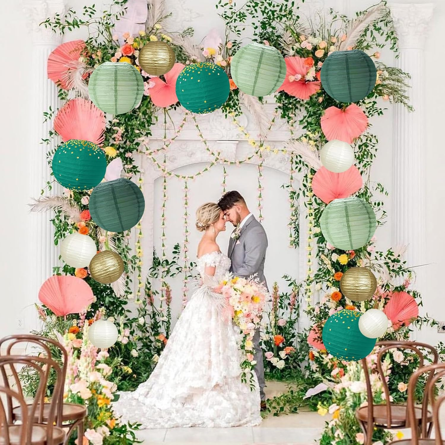 Pack of 12 Paper Lanterns, Green Gold, Sage Green Paper Lantern with 50 M Fishing Line, round Hanging Paper Lanterns, Party Decoration, Paper Lantern for Wedding, Garden Party (Diameter 20 Cm/25 Cm/30