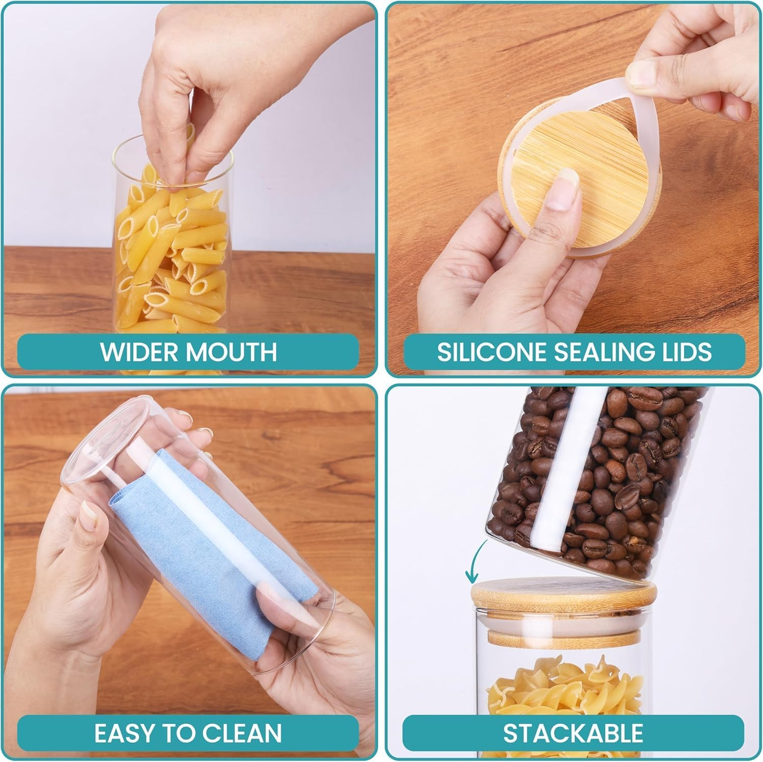 6 Pack Airtight Glass Storage Canister with Bamboo Lid (18.6Oz/43.9Oz/67.6Oz), Glass Food Storage Containers for Pasta, Oats, Coffee, Flour, Sugar, Rice, Spice, Best for Kitchen & Pantry image number 2