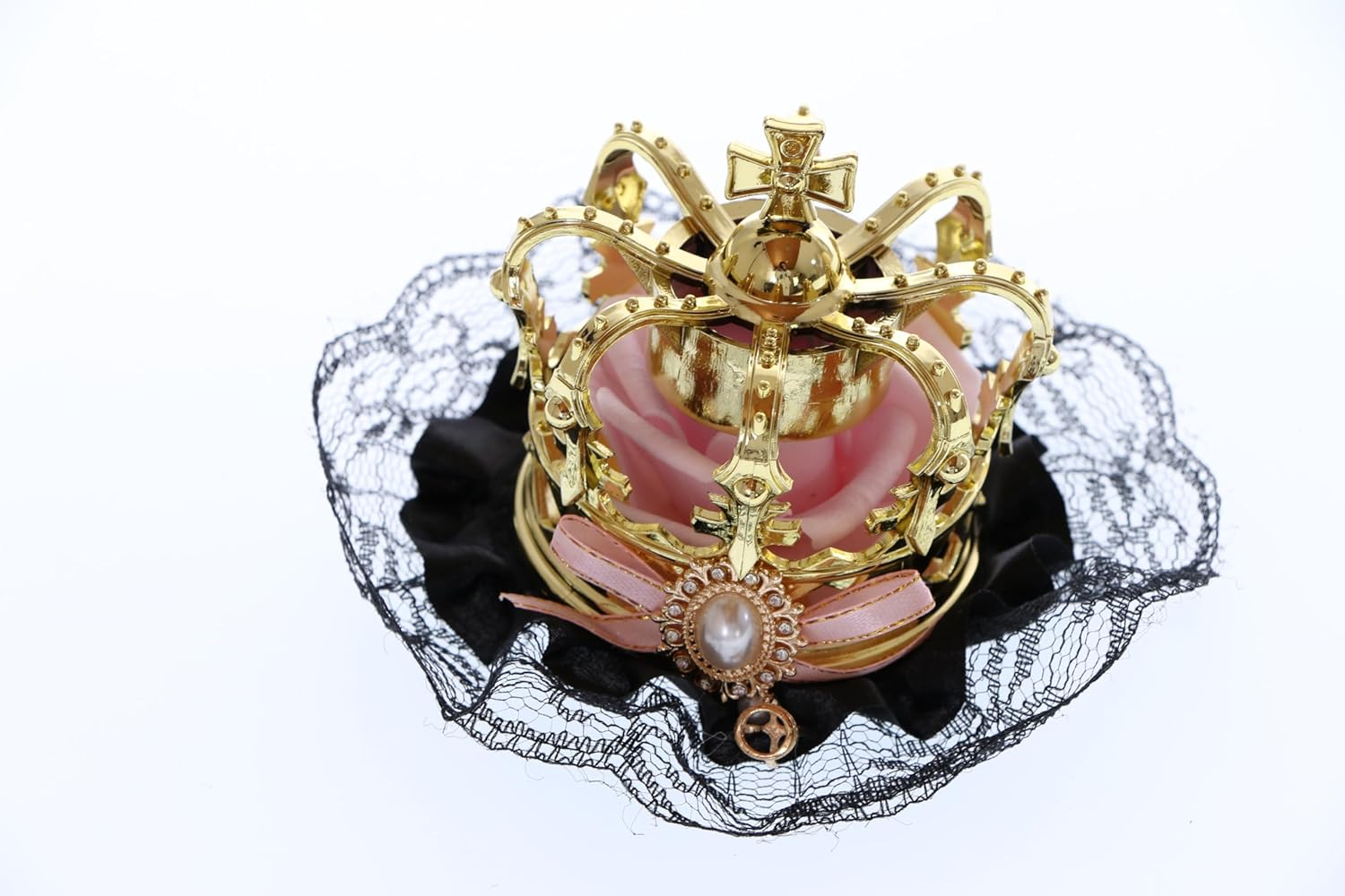 C-107-1 Gold Crown Pink Rose Bow Black Lace Ruffle Gothic Lolita Party Celebration Hair Accessory Clip, Einheitsgr&ouml;&szlig;e, Polyester Plastic image number 3