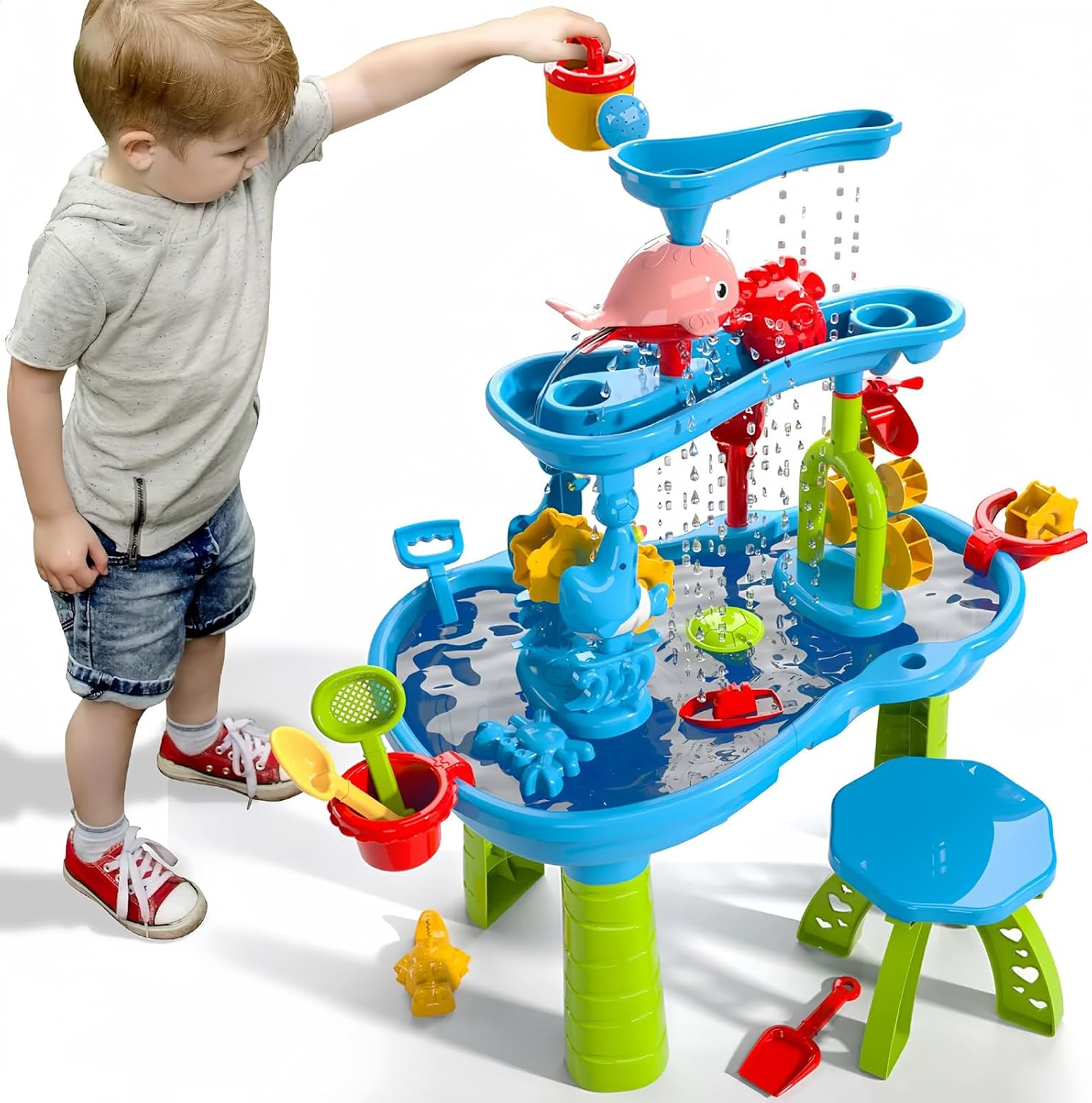 UONNO Kids Sand Water Table Toys 3 Tier Summer Outdoor Toys,Rain Showers Activity Table for outside Backyard Beach for Toddler image number 5