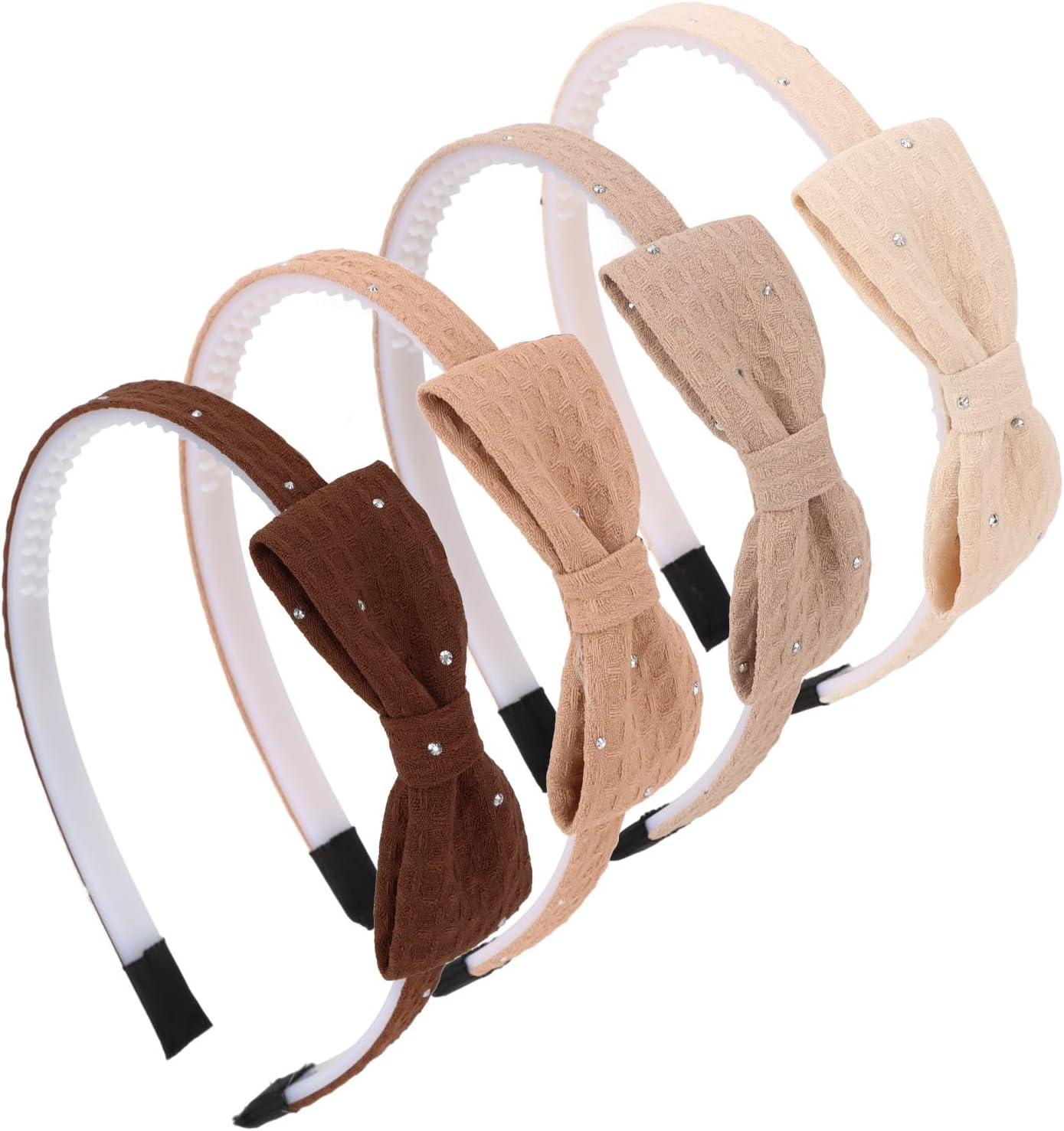 Bumlofa Set of 4 Fabric Bow Headbands, Rhinestone Decor & Texture Design for Headbands, Girls, Matching Hair Accessories for Parties & Everyday Looks, Elegant Headband