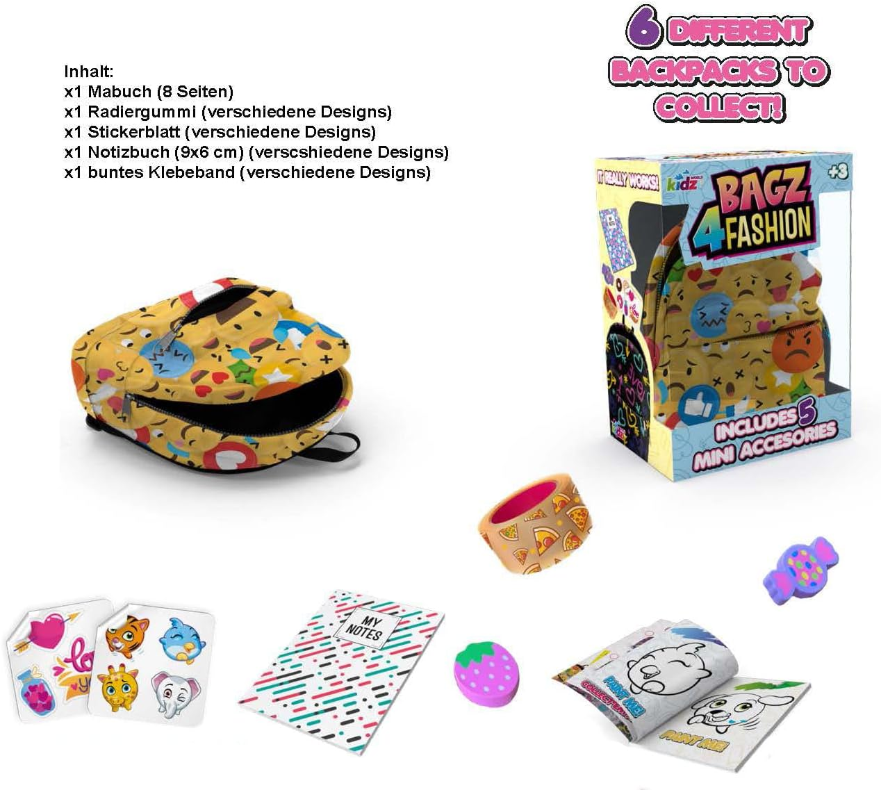 Joy Toy 37962 Bagz4Fashion 9 X 5 Cm Mini 5 Different Stationery Items inside the Backpack 7 X 5 X 10 Cm, Colourful