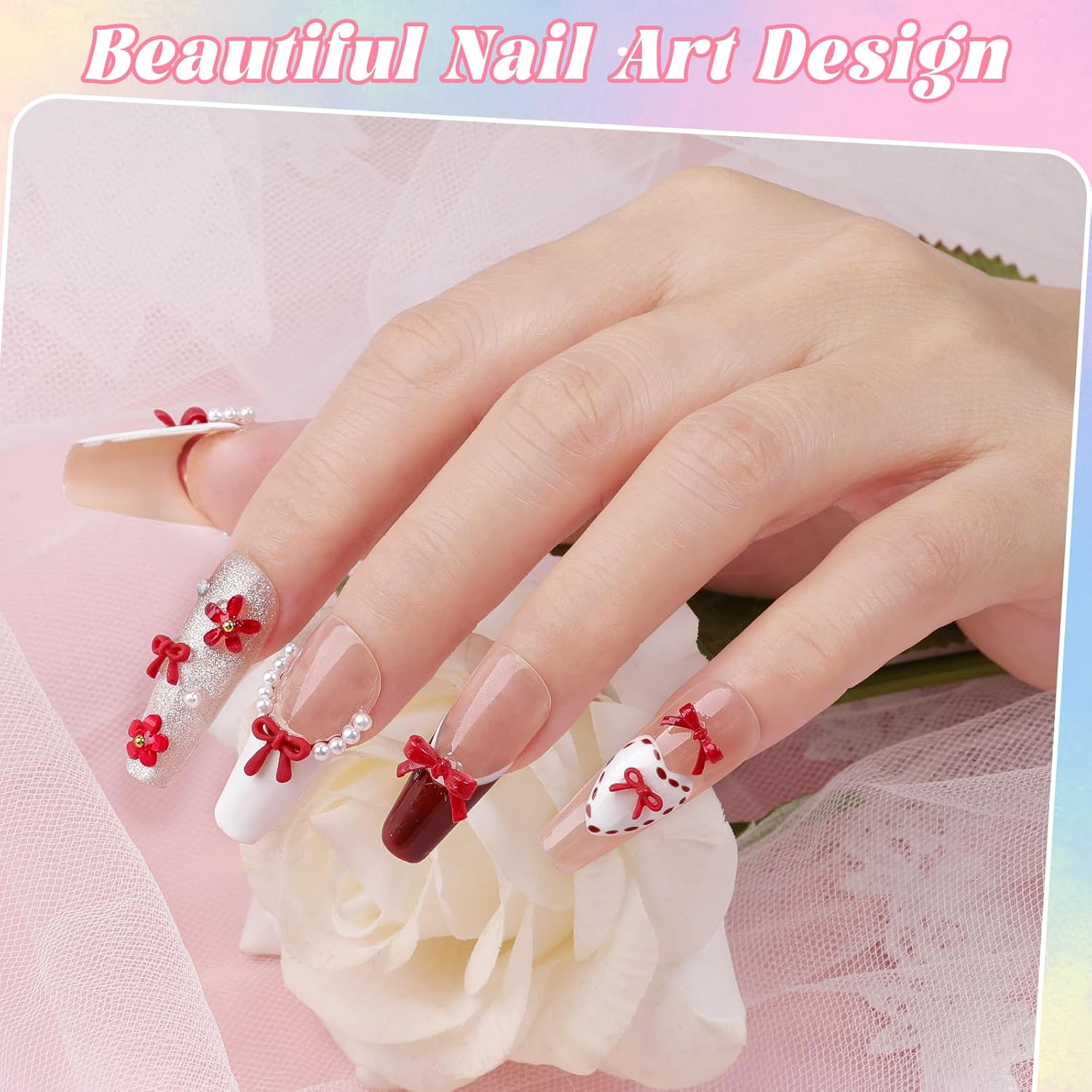 2 Boxes 3D Bow Nail Charms, Red Mini Bow Charms Transparent/Solid Resin Bow with Pickup Tools for Women Nail Decorations DIY Craft - 2B-Purple image number 6