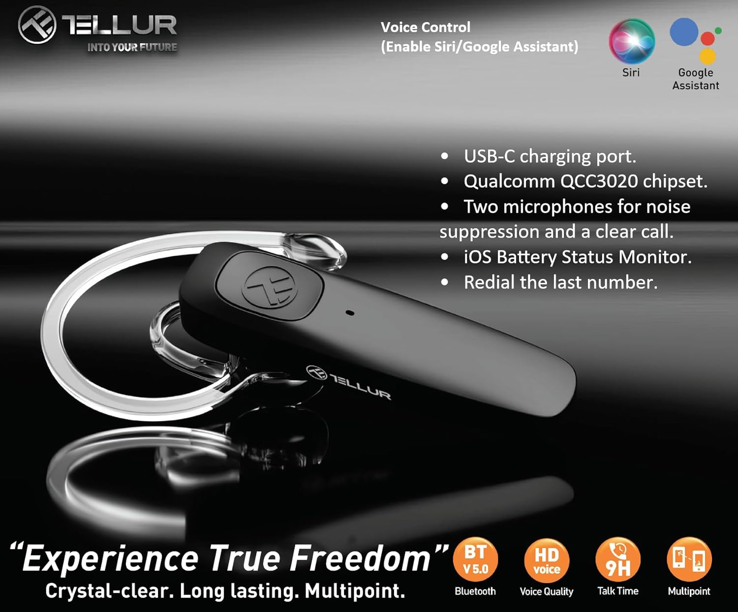 TELLUR VOX 155 Bluetooth Headset, Handsfree Earpiece USB-C, Multipoint Two Simultaneous Devices, HD Voice Two Microphones for Noise Suppression, 360&deg; Hook for Right or Left image number 4