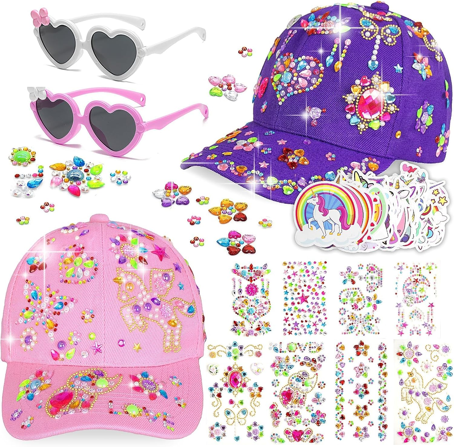 Gifts for Girls 4-12 Year Old, Art & Crafts Kit for Kids, Decorate Your Own Baseball Cap with Unicorn Glitter Gem Stickers Stickers, Fun Creative DIY Toys for Kids Girls image number 2