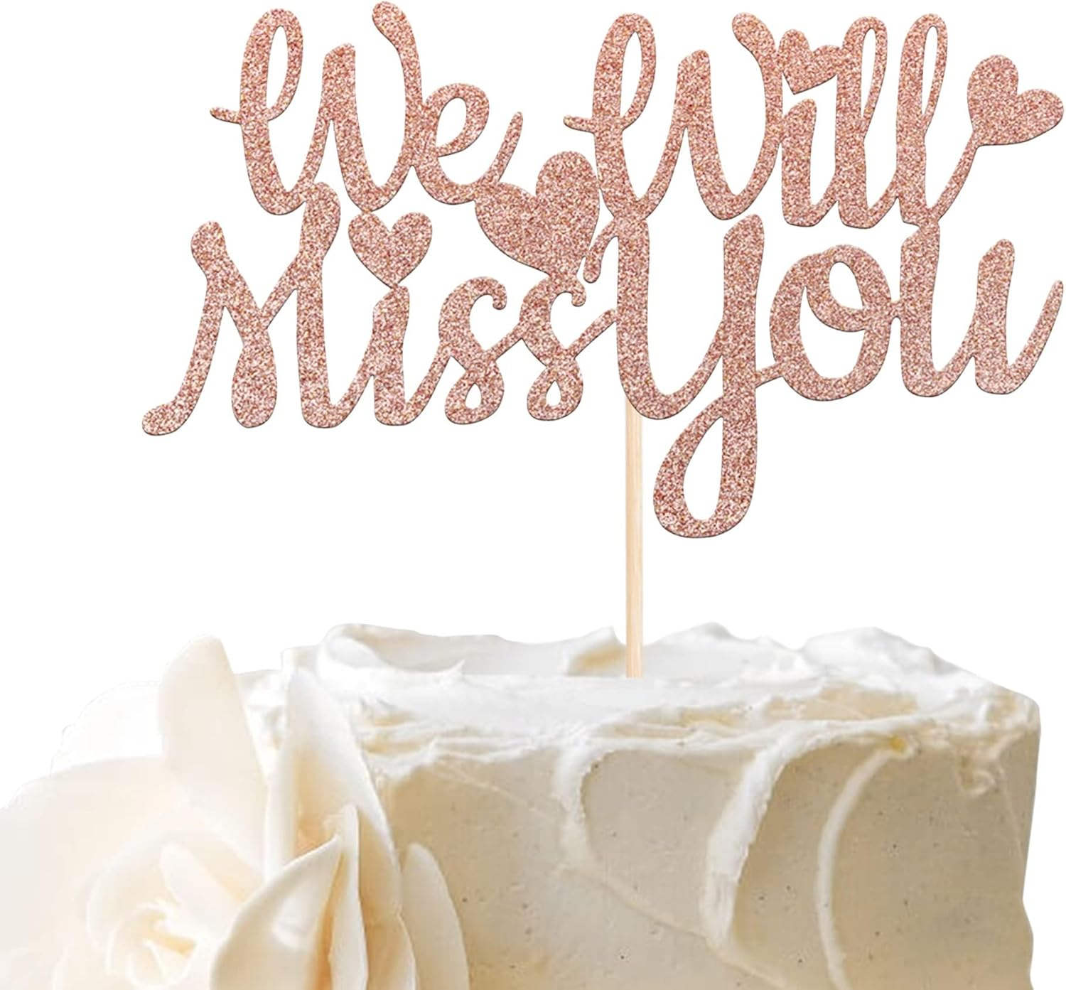 SYKYCTCY 1 Pack We Will Miss You Cake Topper Glitter Love Heart Good Luck Cake Pick Retirement Theme Going Away Party Cake Decorations Gold