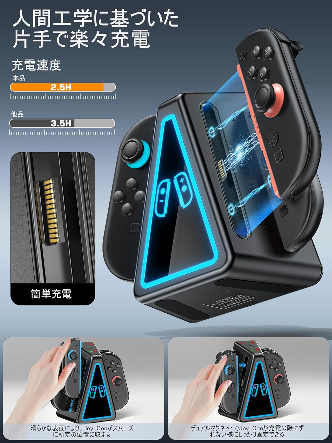 Switch 2 Controller Charging Dock for NS2 Joycon, Ergonomics & Magnetic Charger Dock for Joycon 2 Controllers, 4 in 1 Switch 2 Controller Charger Stand with RGB Lighting for Joy Con 2 Accessories image number 3