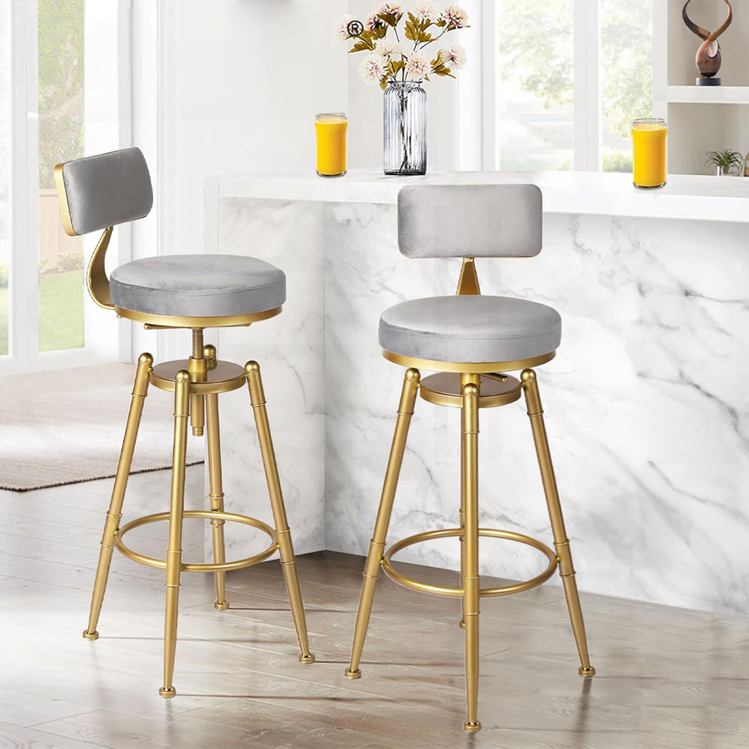 LEVEDE 2X Bar Stools Height Adjustable, 360&deg; Swivel Bar Chairs with Backrest and Footrest, Velvet Seat Kitchen Counter Stools for Home Bar, Dining Room, Cafe, 150Kg Capacity (White)